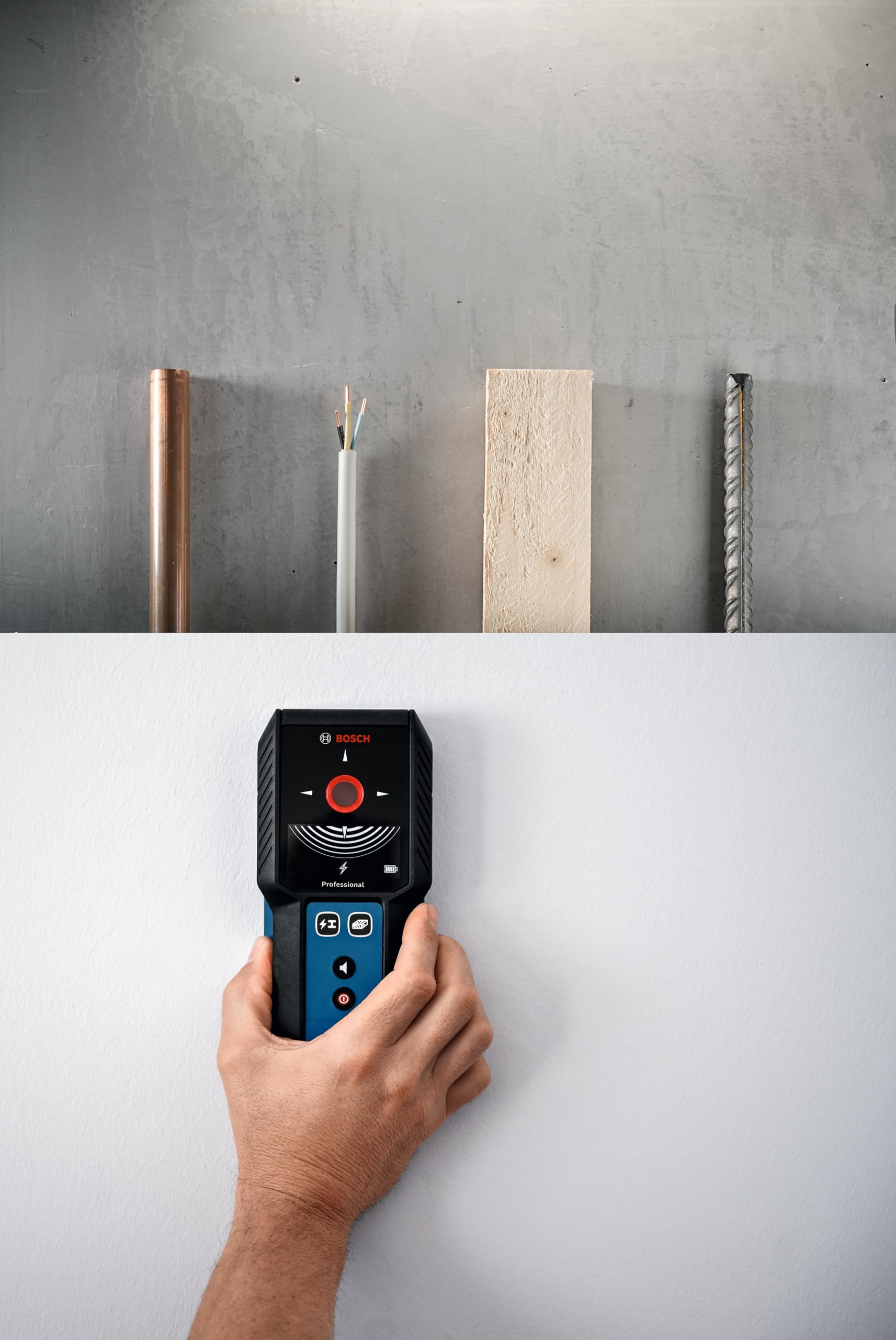 Bosch Professional Ortungsgerät GMS 120-27 (max. Detektionstiefe Nicht-magnetisches Metall/magnetisches Metall/Spannungsführende Leitungen/Holz: 120/100/50/30 mm, Markierstift, Schutztasche)