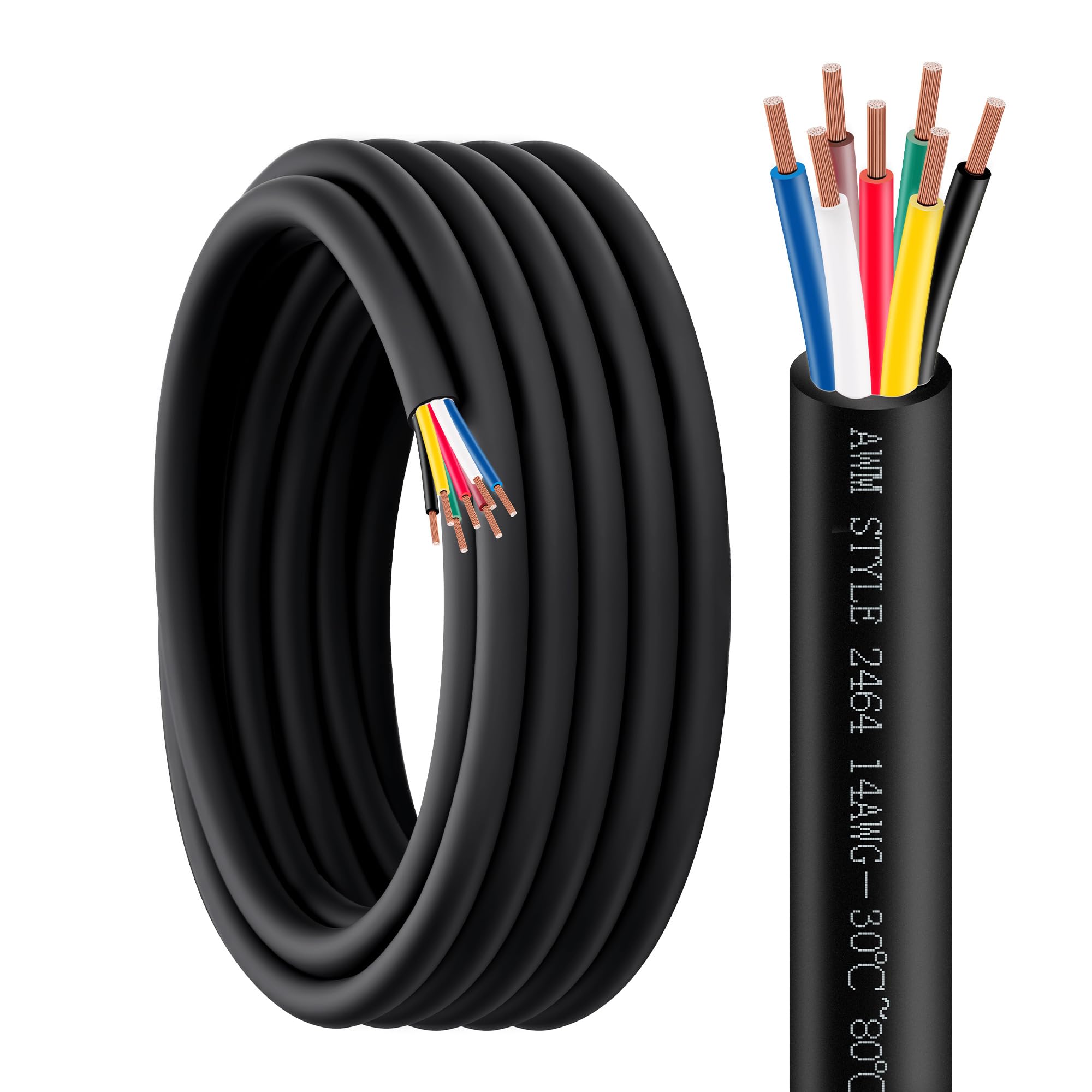 Lesnlok Cable de remolque de 7 vías de 100 pies, cable de cobre puro resistente 14/7, calibre 14, cable de extensión de 7 conductores, cable de extensión aislado para remolque RV y automóvil (14AWG-7C