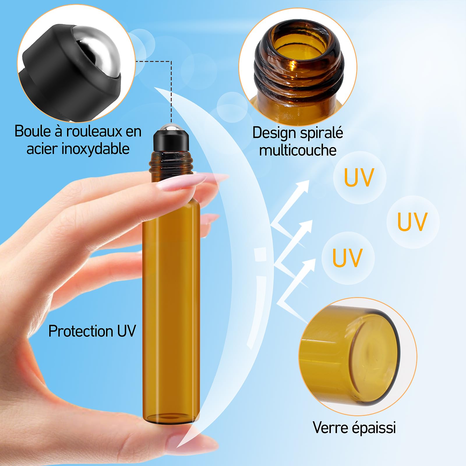 13 Pièces Flacon Roll On Vide, 10ml Roll On Huile Essentielle Vide Bouteil, Verre Couleur Thé Flacon Roll On avec Bille en Acier Inoxydable, Flacons à Bille Rechargeables pour Cosmétiques, Parfums