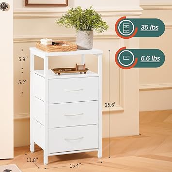 Yoobure Night Stand with Charging Station, LED White Nightstand for Dorm | 16 Colors Bedside Table with 3 Fabric Drawers & Storage Shelf, End Table with USB Ports & Outlets, Small Dresser for Bedroom