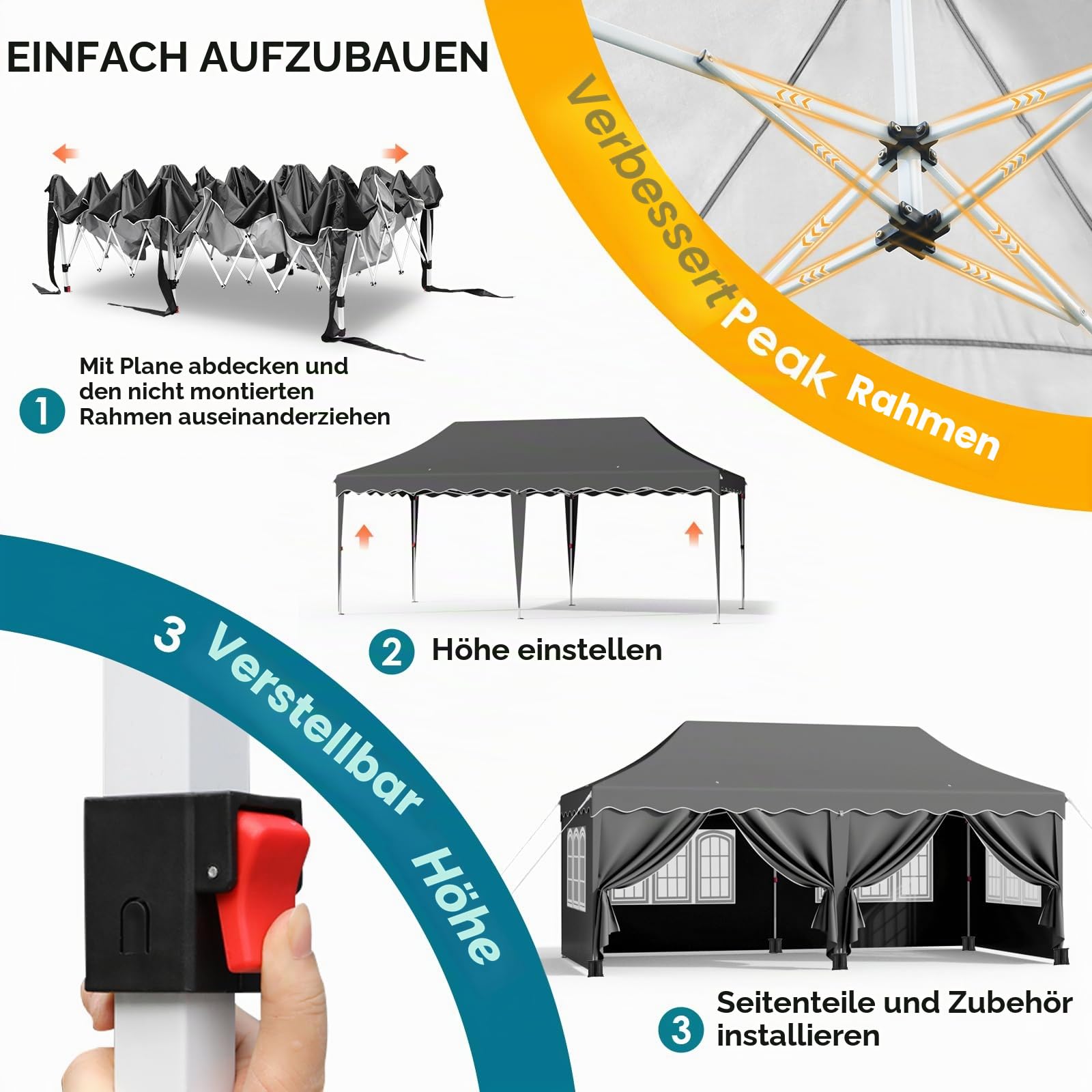 Pavillon 3x6 mit 6 Seitenwänden, Faltpavillon 3x6 Wasserdicht Stabil Winterfest, Faltbar Partyzelt 3 x 6, Anti-UV 50+ Gartenpavillon, 6 PCS Sandsack 12 Erdhaken, für Markt, Hochzeiten, Patio, Grau
