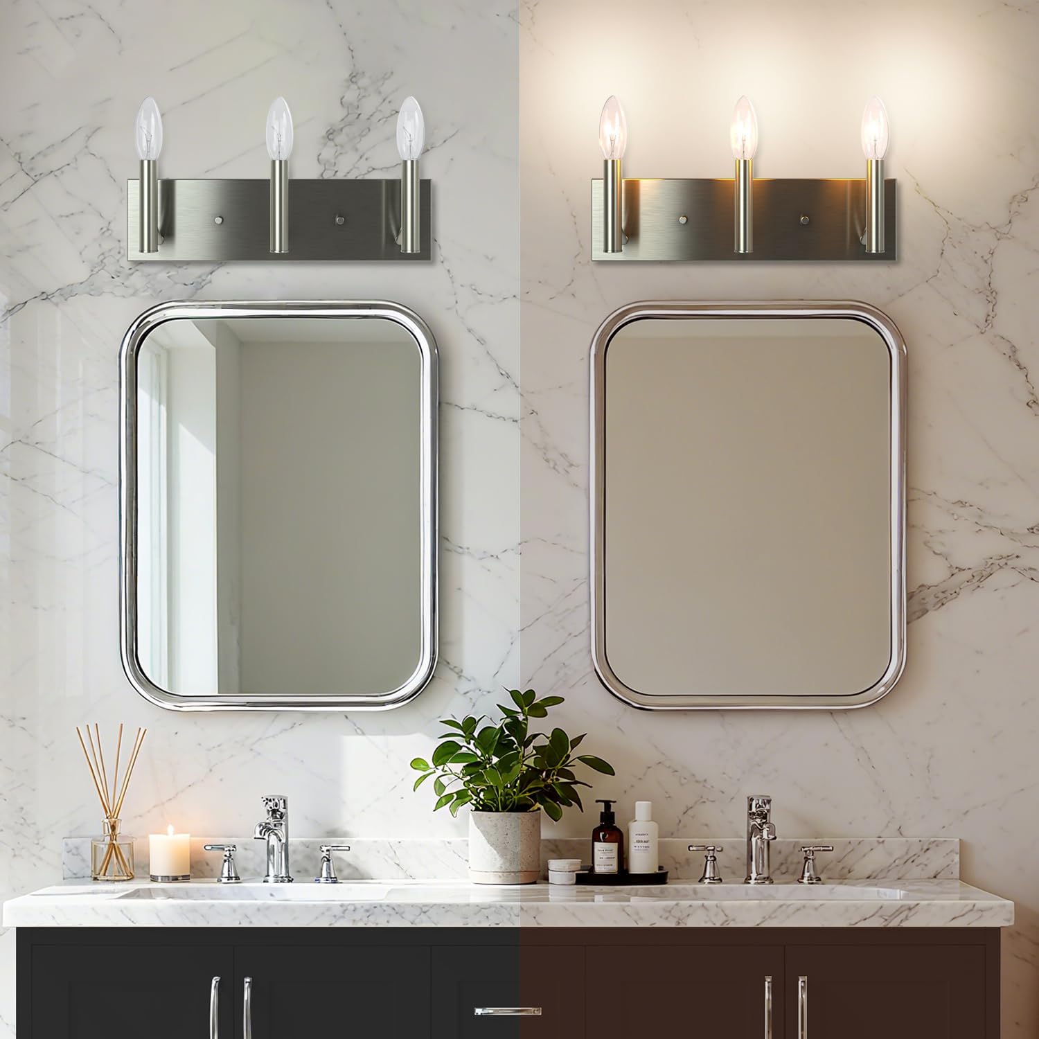 Kalium Bathroom Light Vanity Fixtures Over Mirror, 3-Lights Modern Brushed Nickel Wall Sconces, Minimalist Wall Lights for Livingroom Bedroom Entryway Hallway Staircase, E12 Base(Bulbs Not Included)