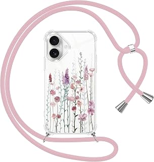 Yoedge Handyband Handyhülle für iPhone 16 6,1" Hülle mit Band, Durchsichtig Aesthetic Muster Blumen Case mit Kordel zum Umhängen, Weiche Silikon TPU + PC Stoßfest Schutzhülle Cover für iPhone 16, 03
