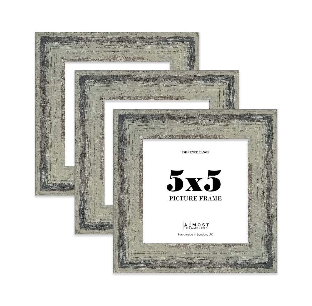 5x5" Distressed Green Picture Frame - Rustic Wood Industrial Effect Photo Frame for Wall Display, Ideal for Posters, Prints & Home Décor, Wall Hooks and Kickstand, 32mm Edge - 3 Pack