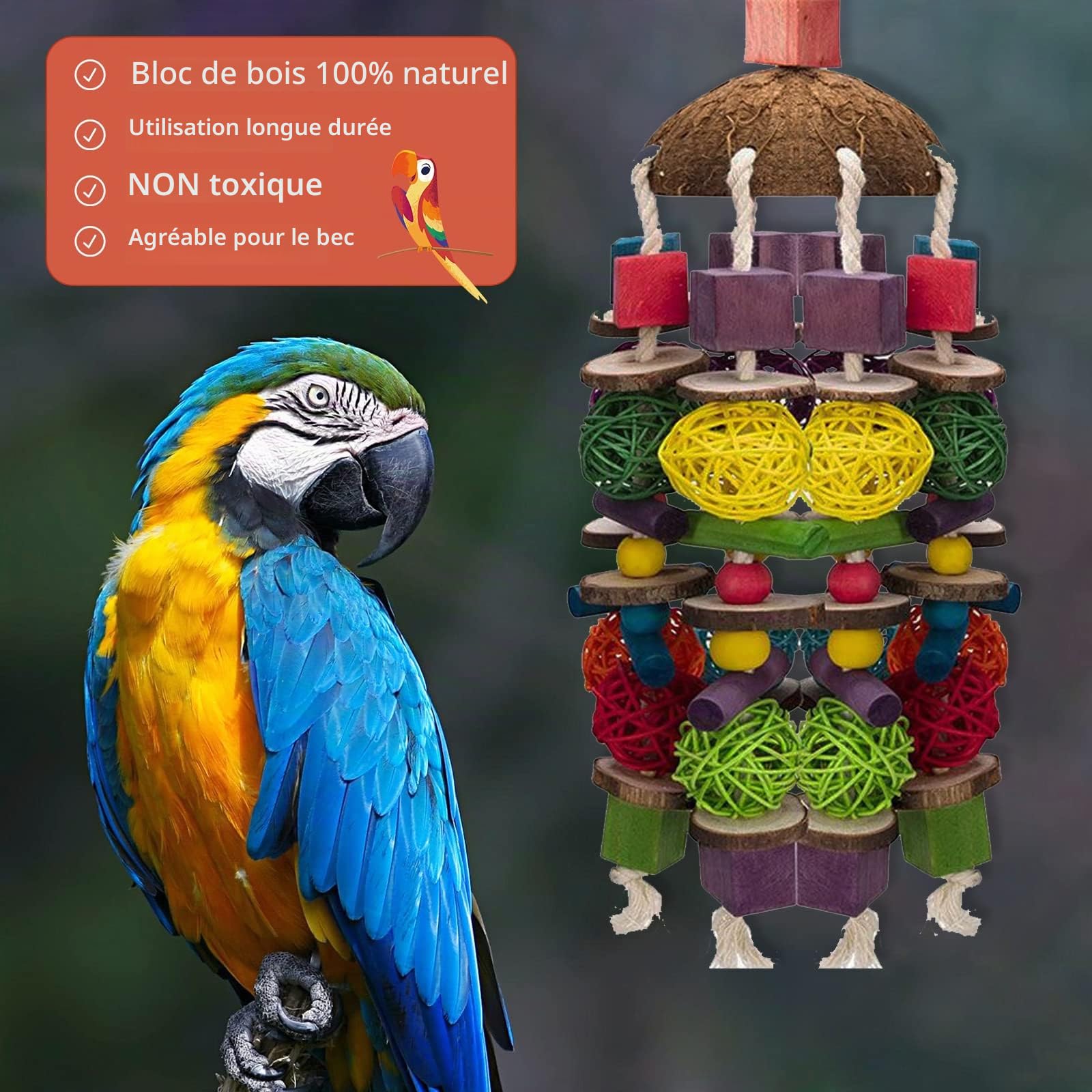 MQUPIN Jouet à mâcher pour perroquets pour Oiseaux,22 inch Grand Jouet pour Perroquet en Bois Naturel, Jouet à mâcher pour Oiseaux, Jouet à Mordre pour Grands perroquets, perroquets Gris d'Afrique