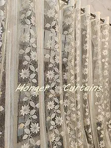 Honger Polyester Beautiful Floral Design Imported Net Tissue Pack of 2 Pecs Curtains for Floral Leaves Border Cream Net for 4 x 7 Feet Door Curtains for Home|| Living Room Use Net Curtains