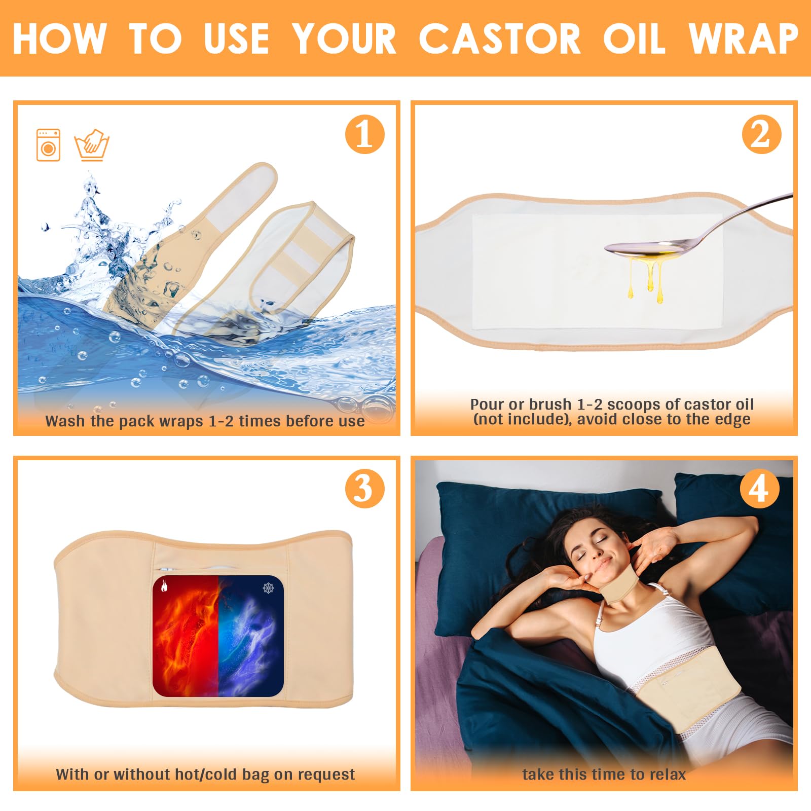 4 Stück Rizinusöl Packung Wrap, Wiederverwendbare Castor Oil Pack Biobaumwolle Elastik Plus Größe Packung mit Rizinusöl für Bauch, Magen, Nacken, Zurück, Brust