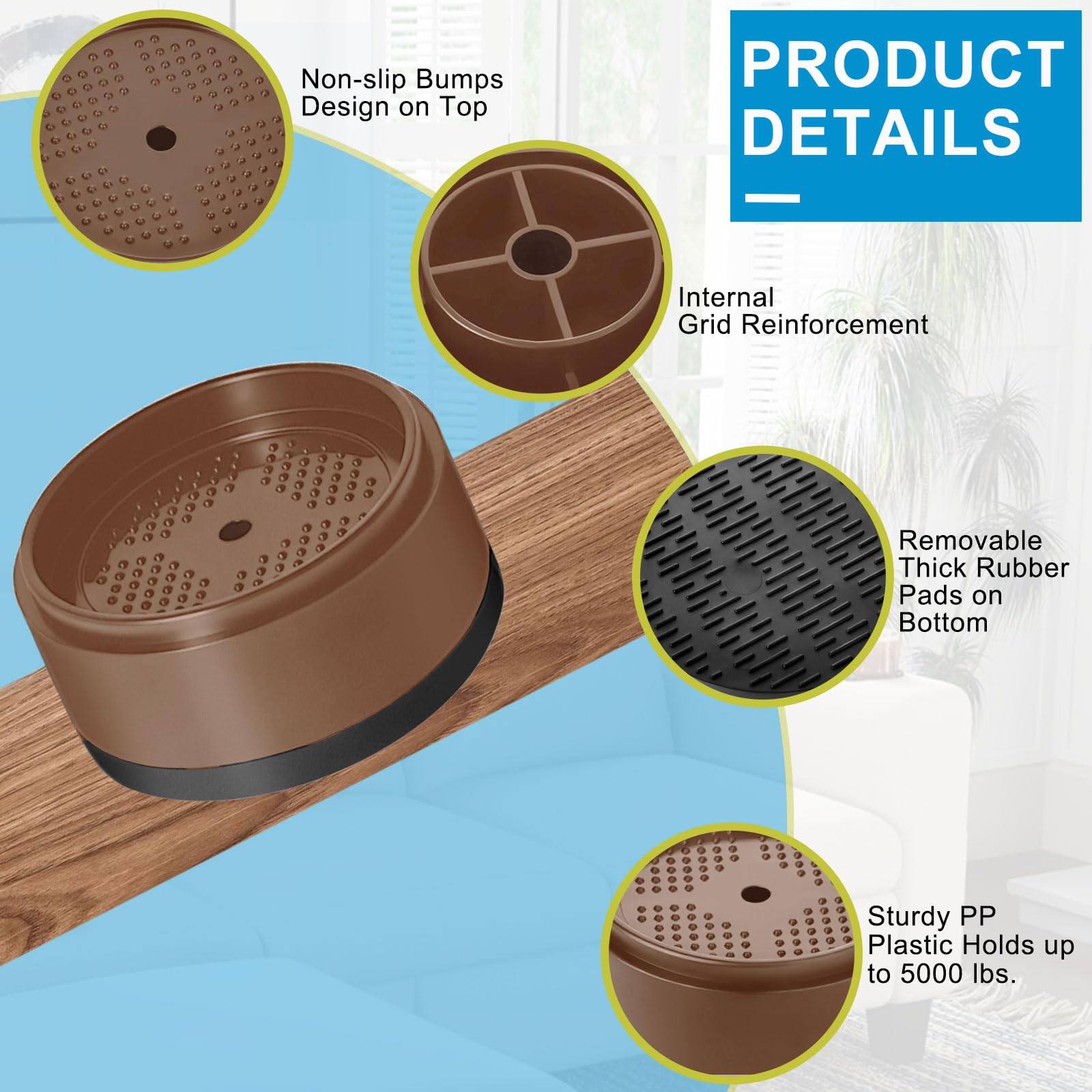 Elevadores de cama de 1, 2, 3 y 4 pulgadas, resistentes, ajustables para mesa, escritorio, sofá, silla, refrigerador, lavadora, bloques apilables (marrón, paquete de 4, 1+1+1 pulgadas)