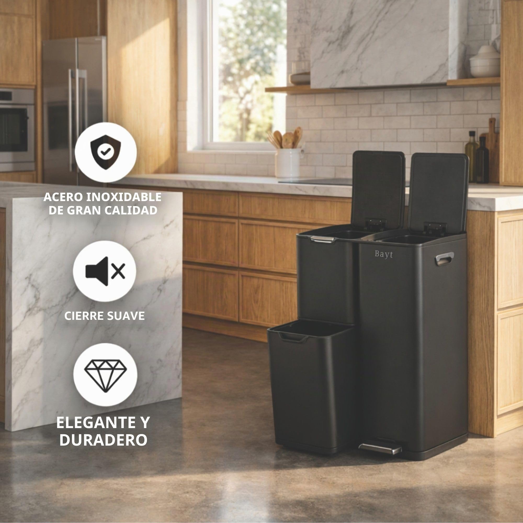 Bayt Cubo Basura - Cubo de Basura Cocina con 3 compartimentos (13+17+30L), Papelera con Separación Inteligente de Residuos, Acero Inoxidable, Total 60 Litros, Negro