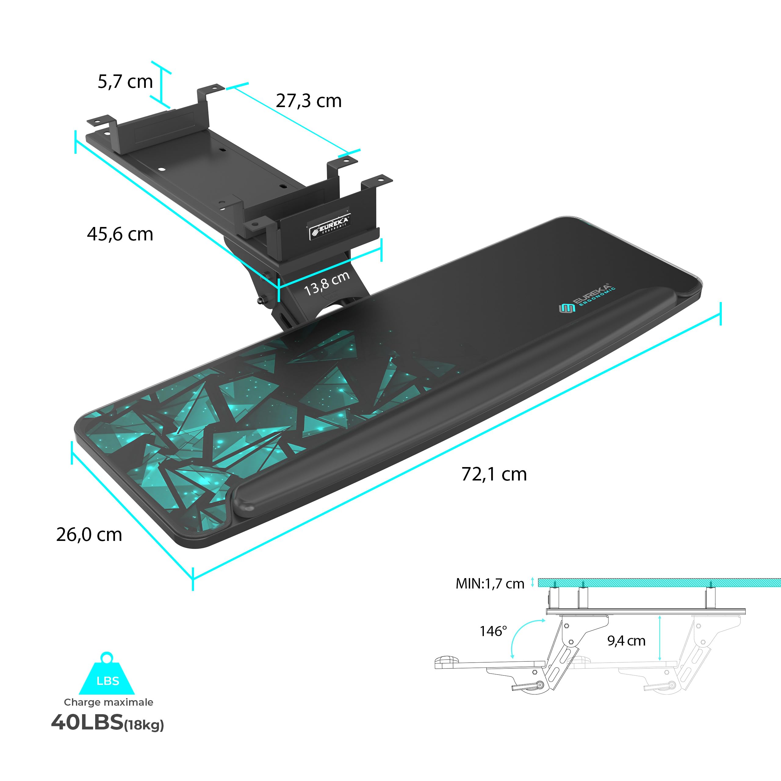 EUREKA ERGONOMIC Plateau de Souris et Clavier réglable en Hauteur sous Le Bureau, Grand tiroir Noir Coulissant pivotant pour Clavier d'ordinateur avec Tapis de Souris pour Jeu, Bureau à Domicile