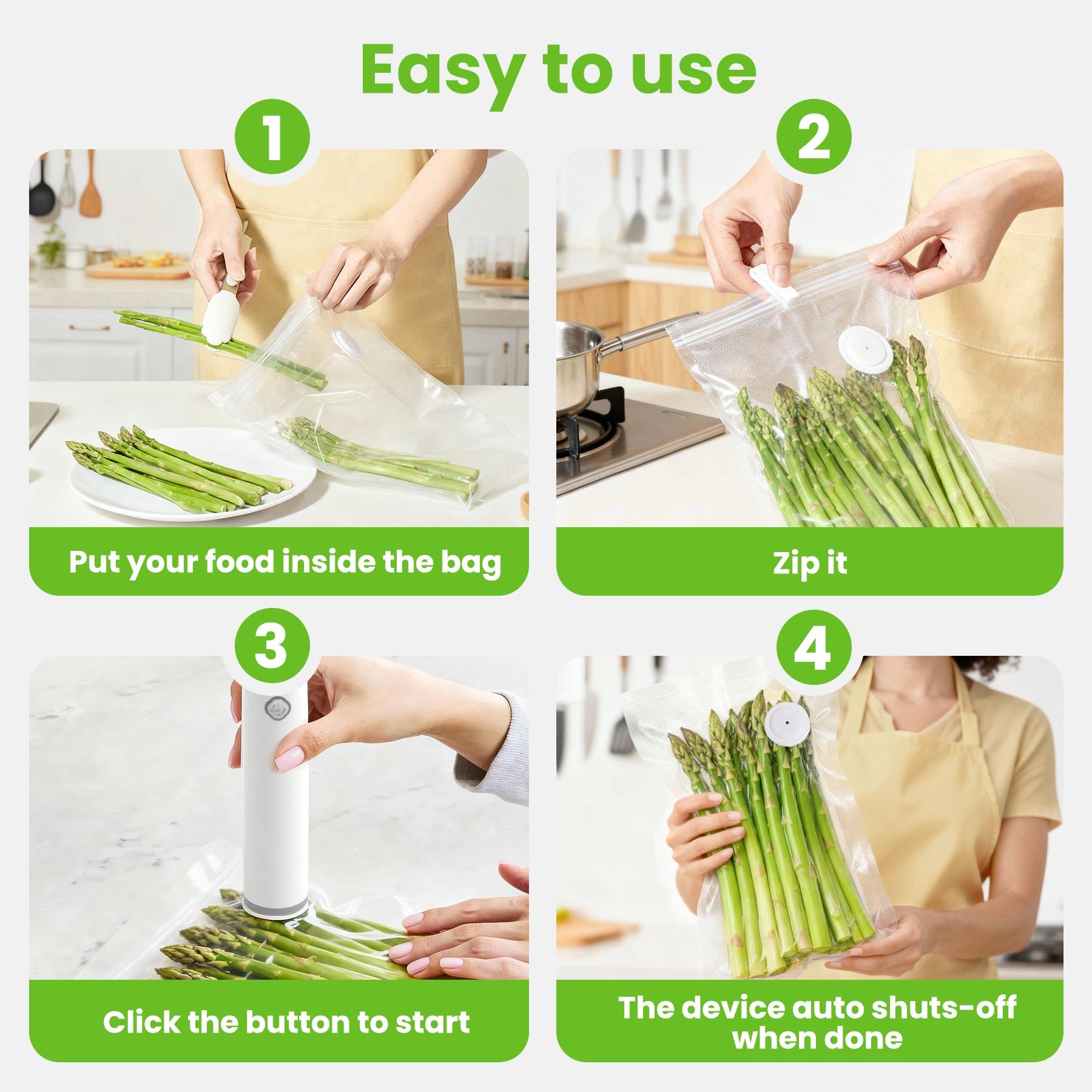 Sellador al vacío para alimentos, máquina de sellado al vacío de mano con 5 bolsas de vacío reutilizables para cocina, nevera, ahorro de comidas portátil, extiende la frescura