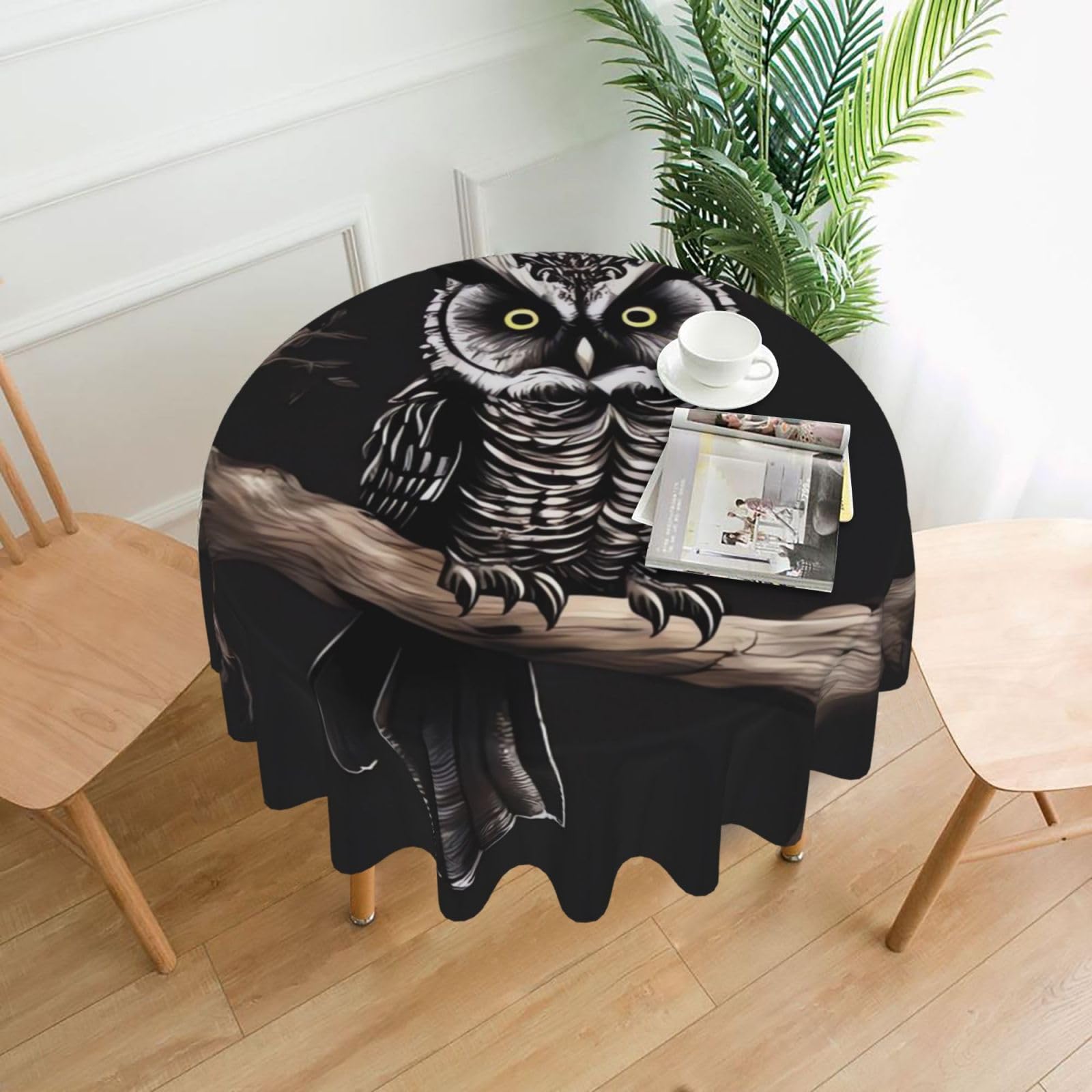 Fodpand Black Late Night Owl Tablecloths For Round Tables 60 Inches - Reusable And Washable Kitchen Table Clothes Decorative Table Cover For Dining Tables, Buffet Parties, Wrinkle Resistant