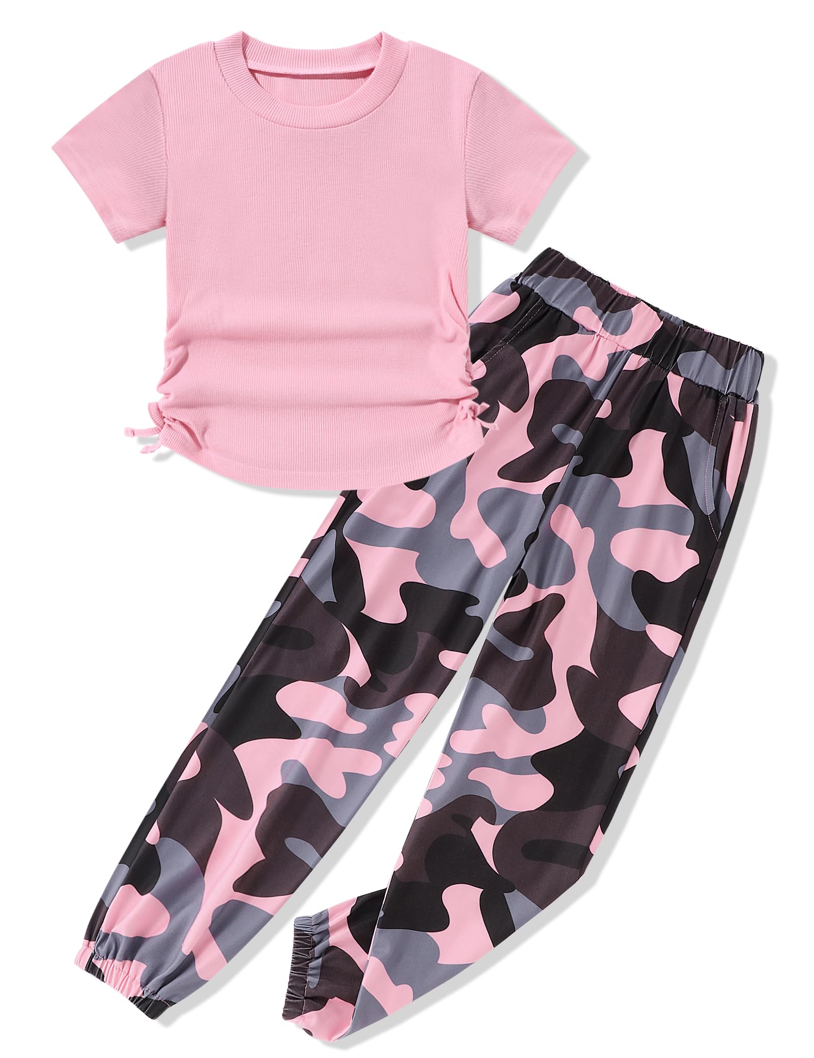 Crazyme Girls Clothes Ruched Drawstring Short Sleeve Knit Top and Camo Print Pants 2 Piece Girls Outfits 7-14 Years