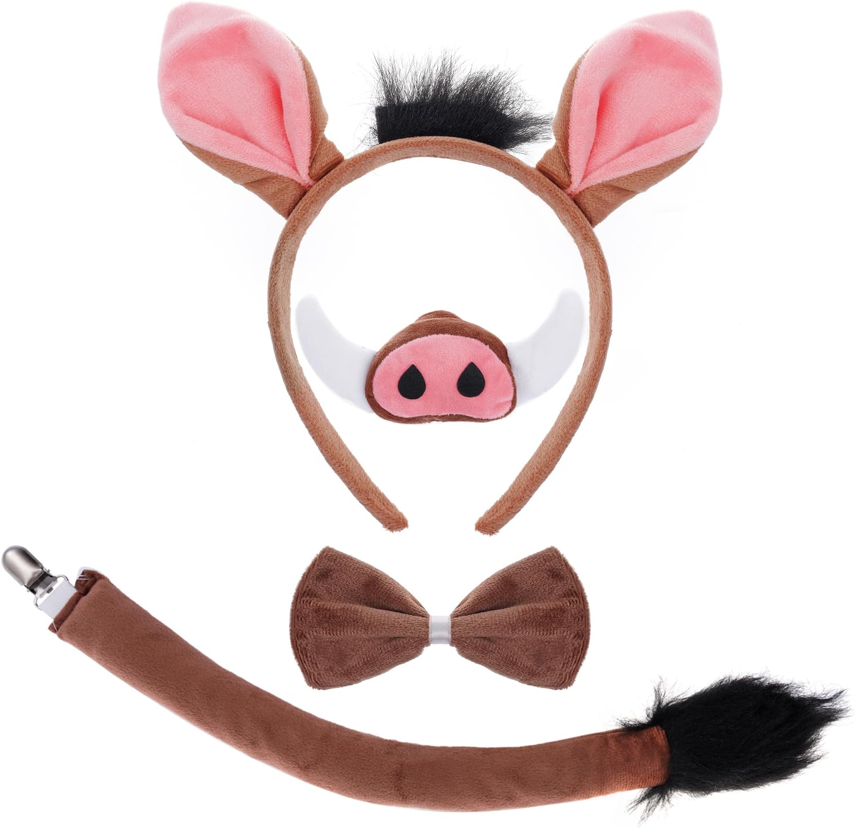 Warthog Costume Accessories Set, Warthog Ears Headband Nose Bowtie and Tail Costume Accessories for Adult Halloween Dress Up Play Party