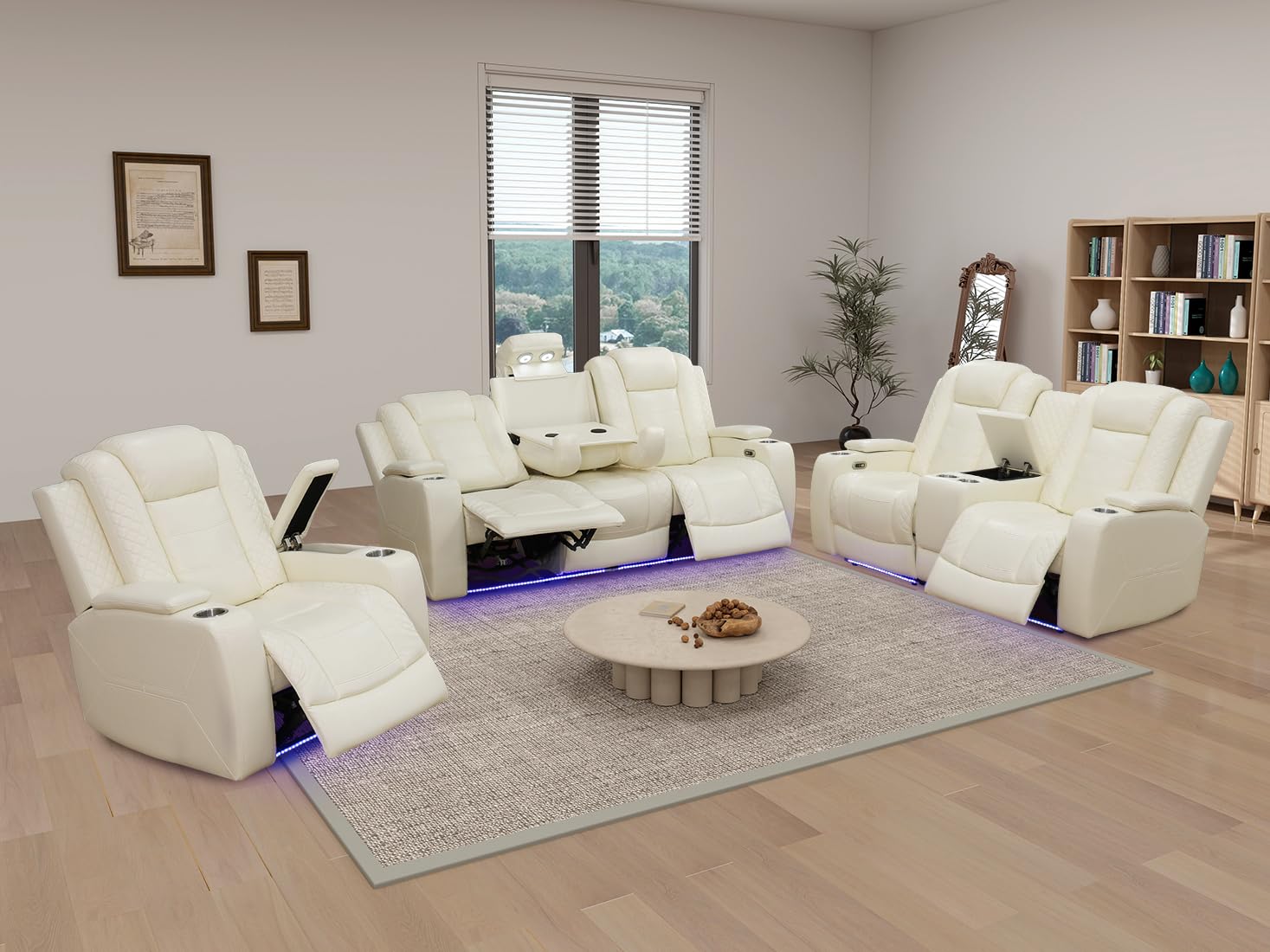 Dekmxas Living Room Furniture Sets, 3PCS Creamy White Power Reclining Breathing Leather Sofa Set, Power Sofa Loveseat Chair with 5 Recliner Seats/Cup