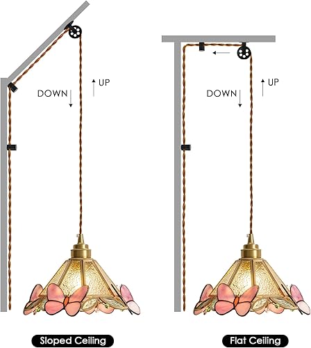 Miniatura 4 de MODIVO Lámpara colgante estilo Tiffany enchufable con diseño de mariposa y polea giratoria, 3 opciones de vidrio (transparente, ondulado,