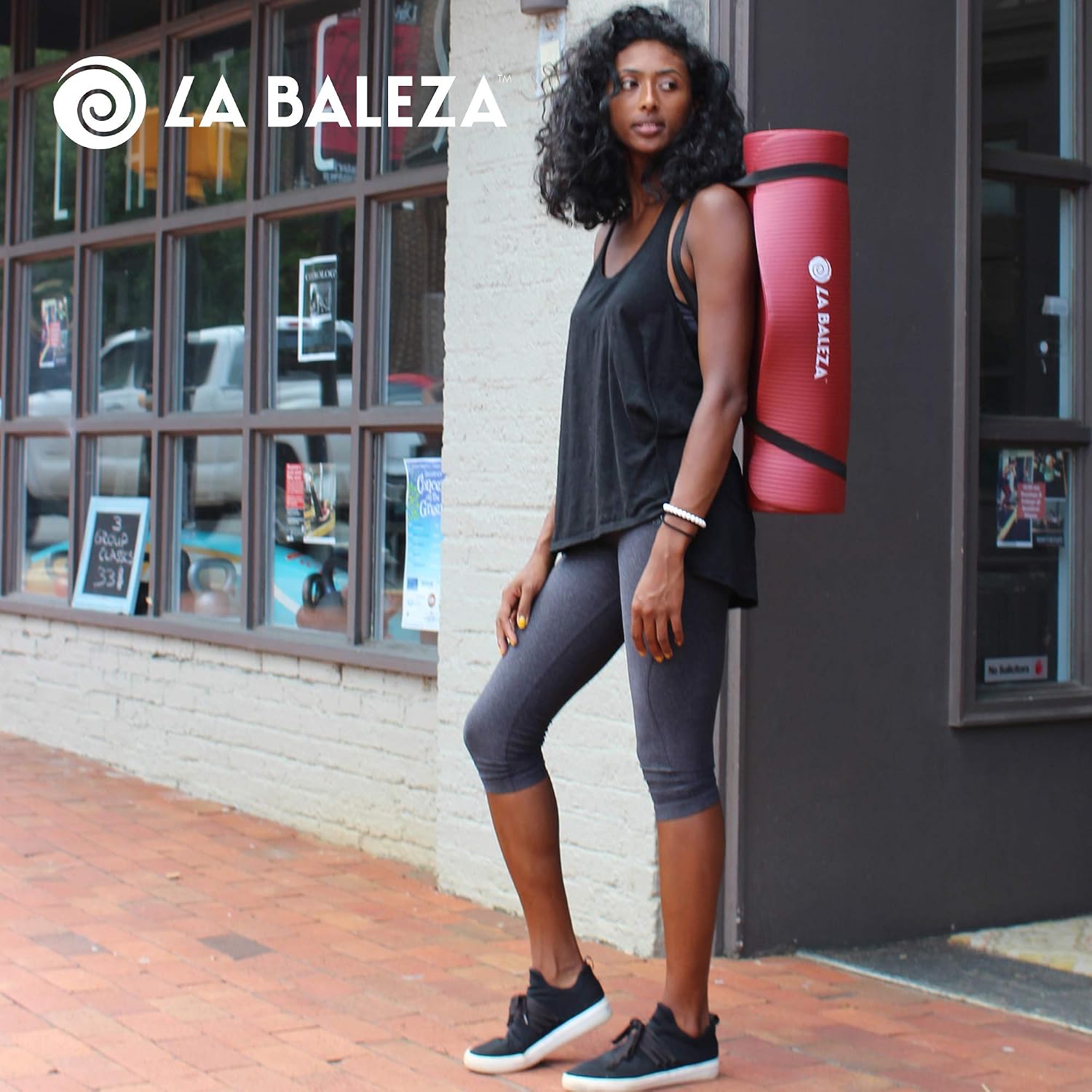 La Baleza Yoga Mat, 3/8 Inch ExtraThick Exercise Mat for Yoga, Pilates and Personal Fitness, Ridged Rubber Surface for Non-Slip Grip, Includes Carrying Travel Strap, Multiple Colors
