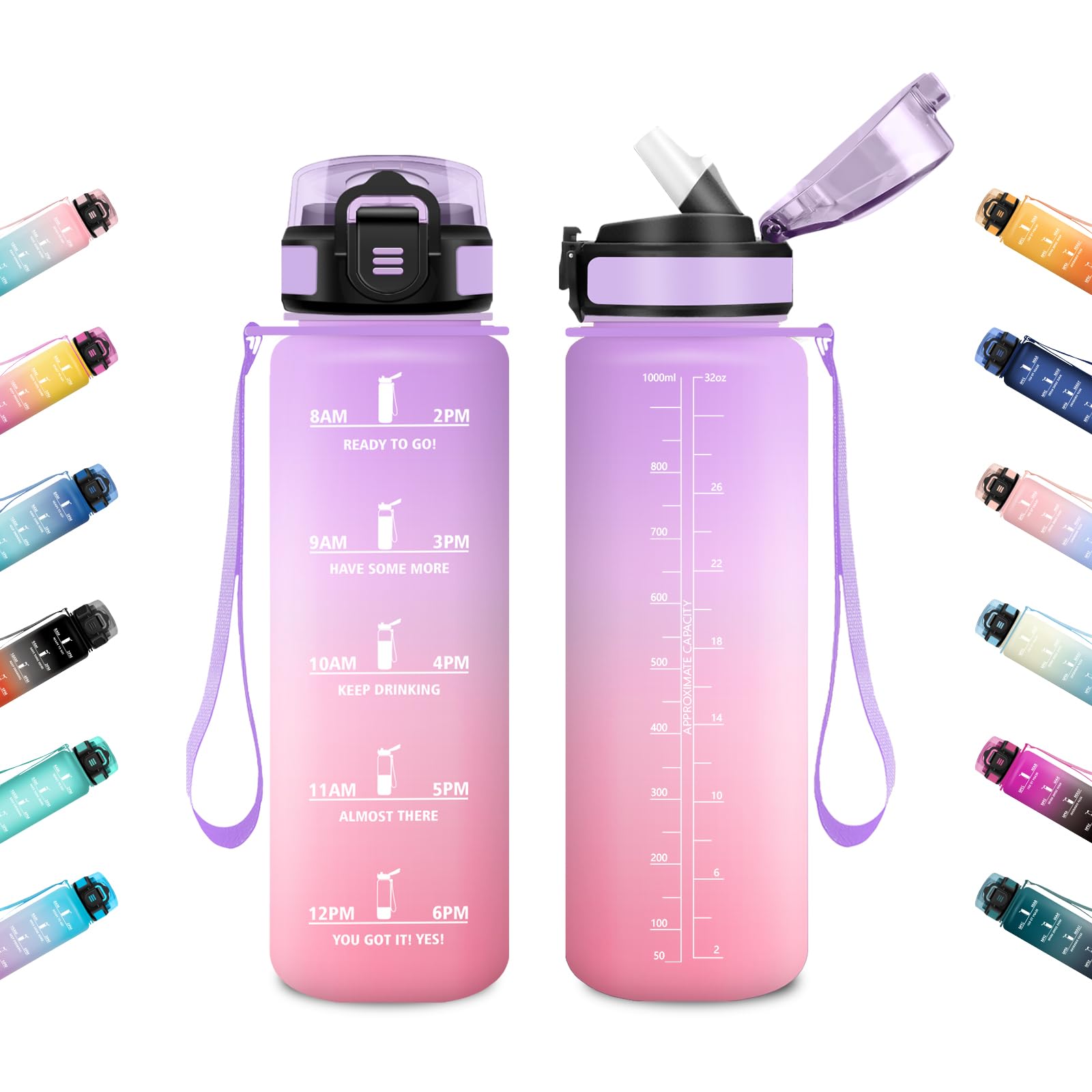JAPORIA 1L Motivational Water Bottle with Straw Leak Proof Time Indicator Office Hiking Bottle