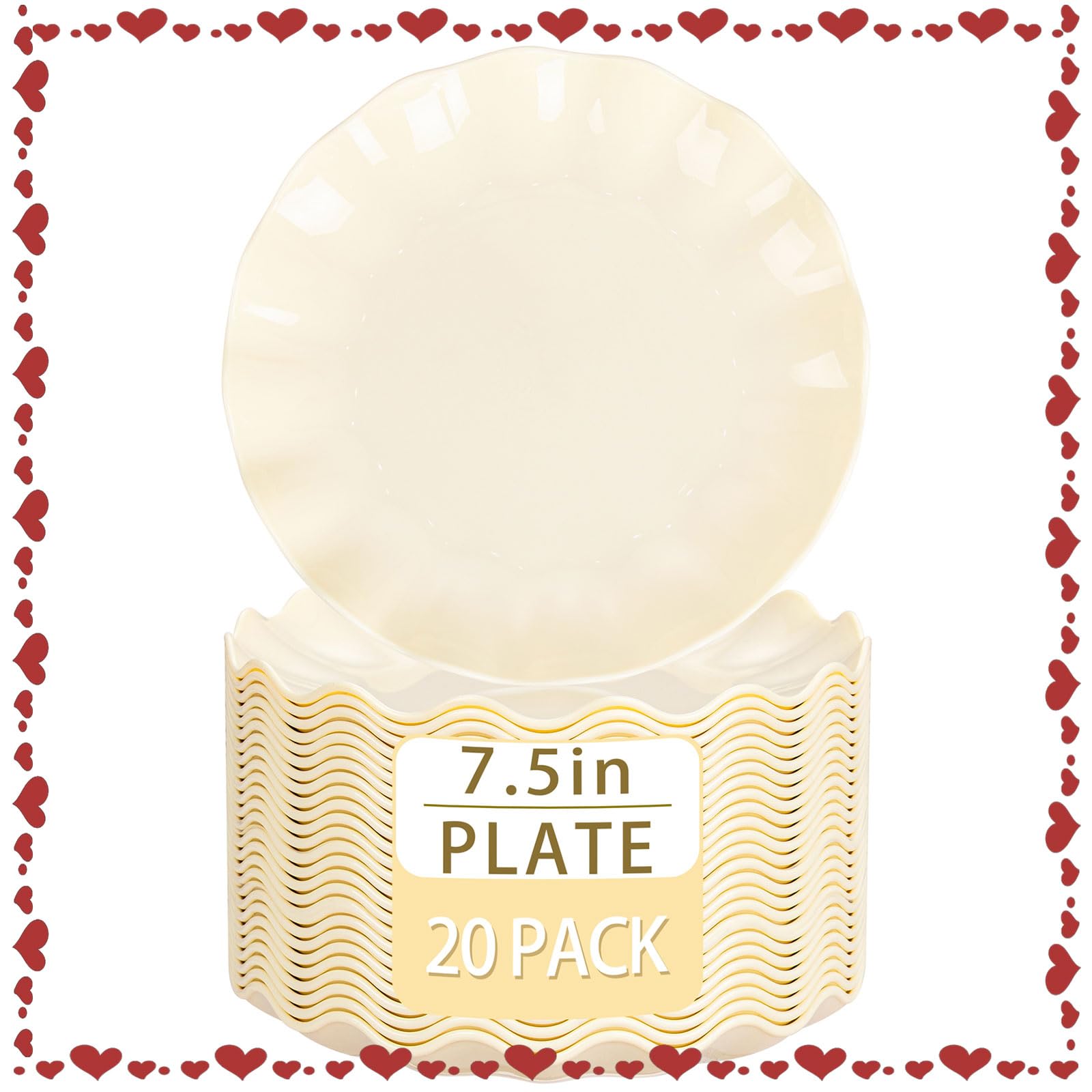 LIYH 20 Pcs Beige Plastic Plates Reusable 7.5 Inch - Unbreakable Plastic Dessert Plates - Scalloped Cake Plate for Weddings Camping Party Outdoor Picnics Dishwasher Safe BPA Free
