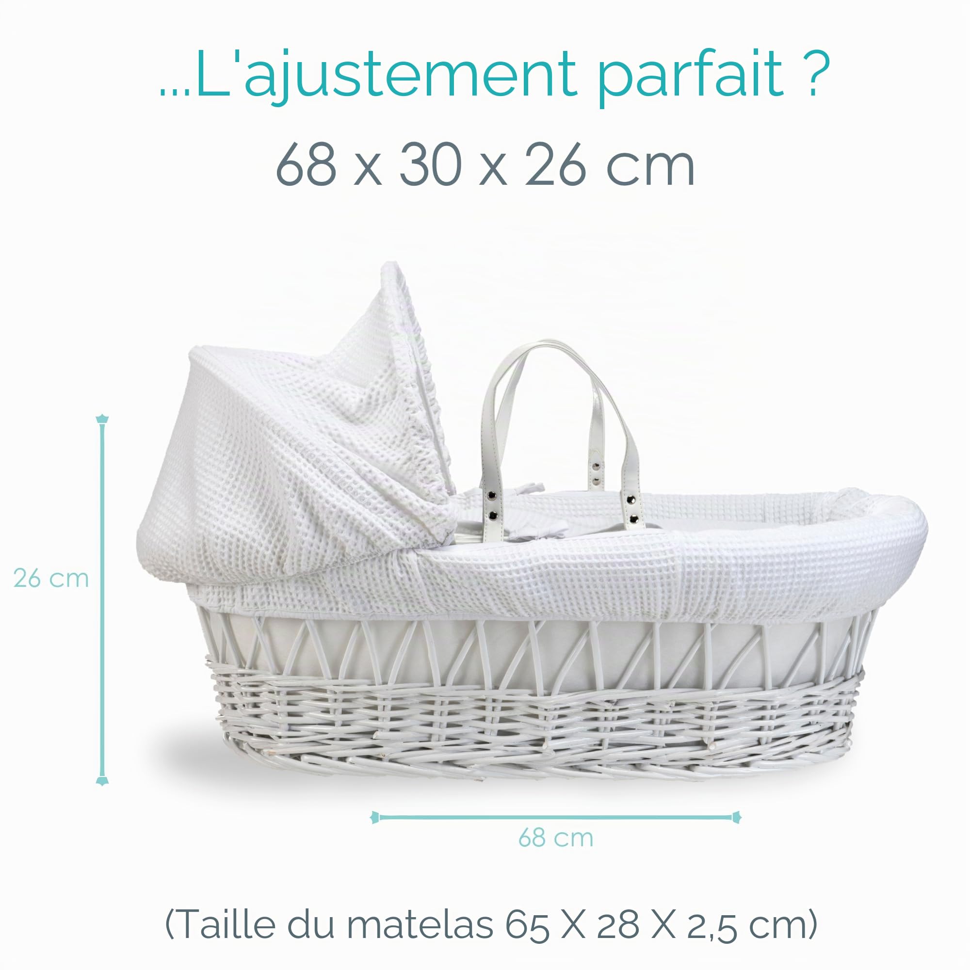 Clair de Lune Couffin en Osier Blanc gaufré avec Support à Bascule Standard Blanc – 68 x 30 cm (Blanc)