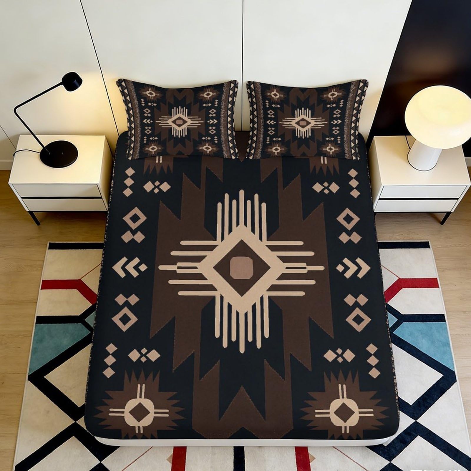 3D Printed Tribal Geometric Fitted Sheet Microfiber Deep Pocket Non-Slip Aztec Mattress Fitted Cover Full Wrap Washable for Adults Teens Bedroom 160x200x25cm
