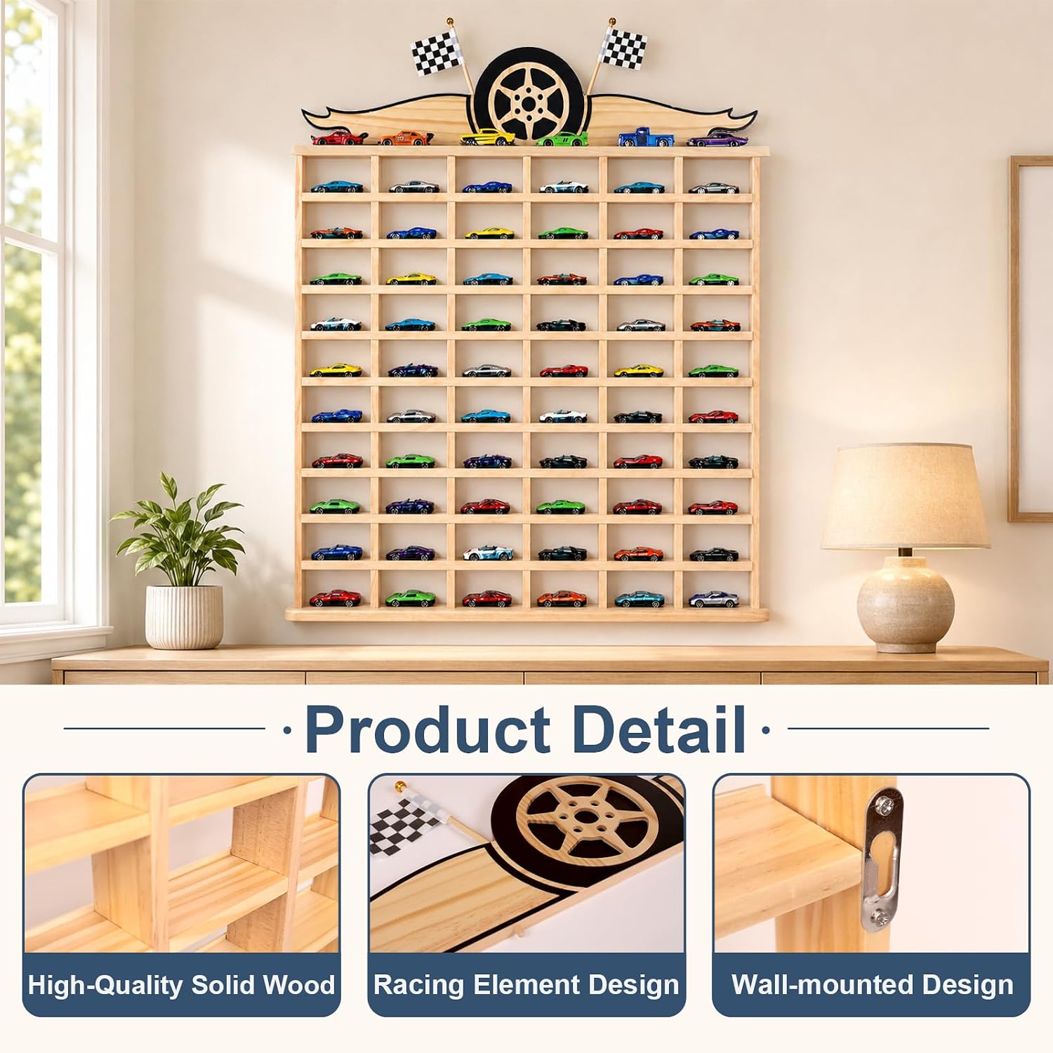 1:64 Model Car Wooden Display Case,66 Space Storage（The top can Store 6 Model Cars） Display Shelf,for 1/64 Scale Toy Cars,Wall Mount ,Model car Display Organizer,Collapsible Toy Car Storage-Only case image 3