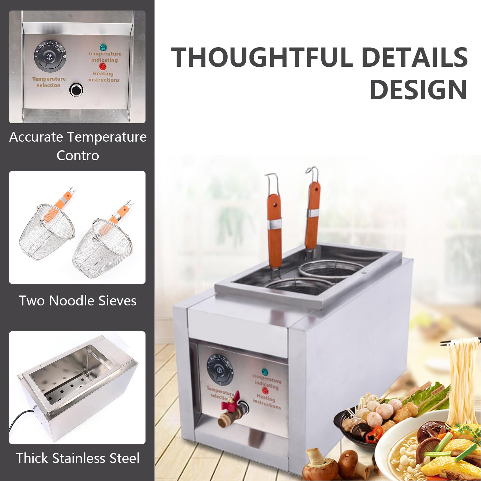 Bollitore elettrico per pasta e pasta a 2 fori Cuocipasta commerciale Cuocipasta da tavolo Alta efficienza Controllo preciso della temperatura Design in acciaio inossidabile Ideale per ristoranti, bu