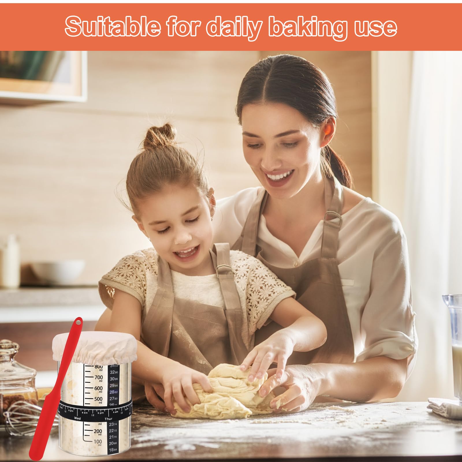 ZJRDYYK Sourdough Starter Jar Kit, Sourdough Bread Baking Supplies Kit Include Positioning Strap, Temperature Sticker, Cloth Cover & Wood Lid, Silicone Scraper, Measuring Spoon, Ect