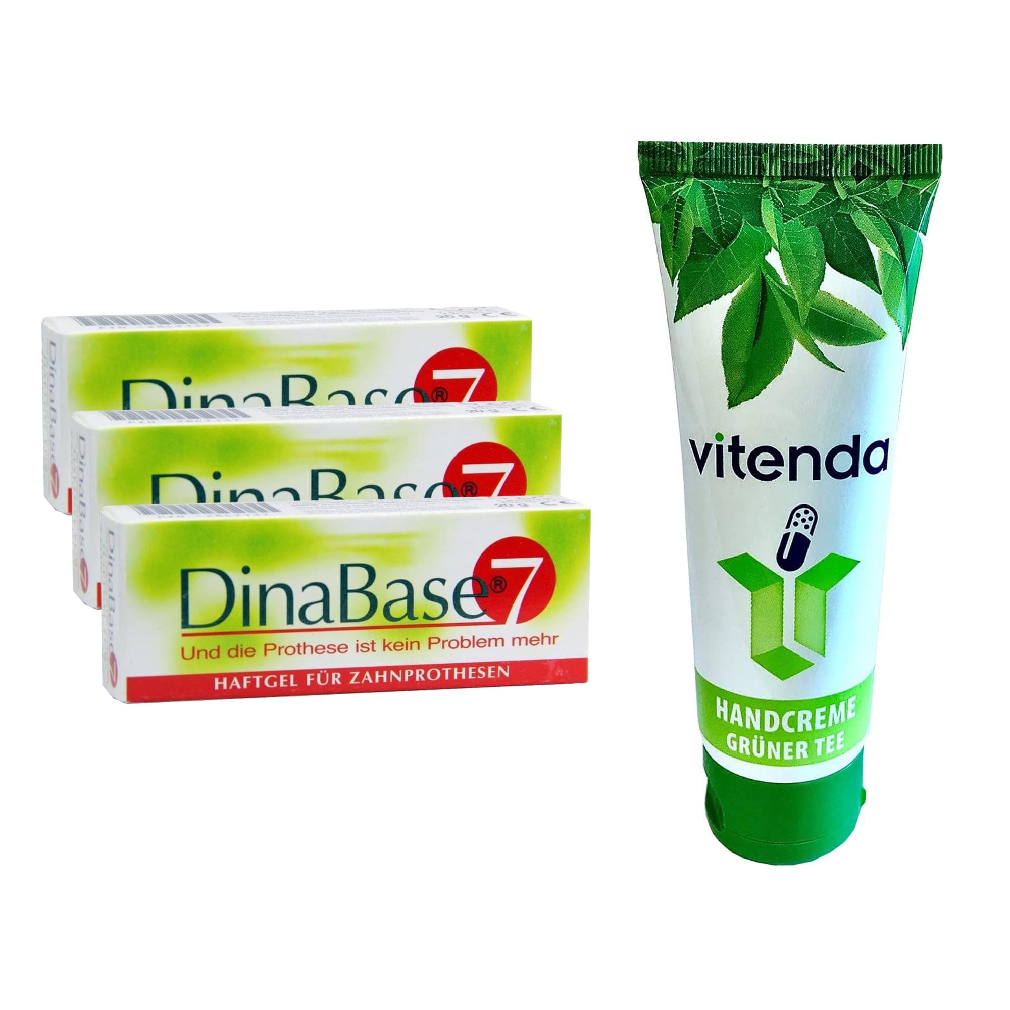 Set: Prothesen-Haftgel für Voll- & Teilprothesen mit DinaBase 7, bis zu 7 Tage Halt, zinkfrei, 3x20g – inkl. vitenda Handcreme