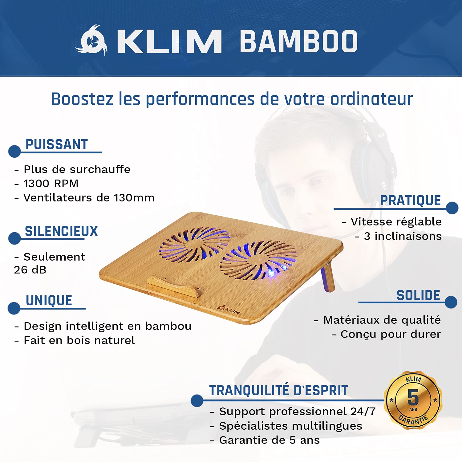 KLIM Bamboo Refroidisseur PC Portable Vitesse réglable Support ventilé Structure en Bambou Ordinateur 10-15,6 Pouces Port USB