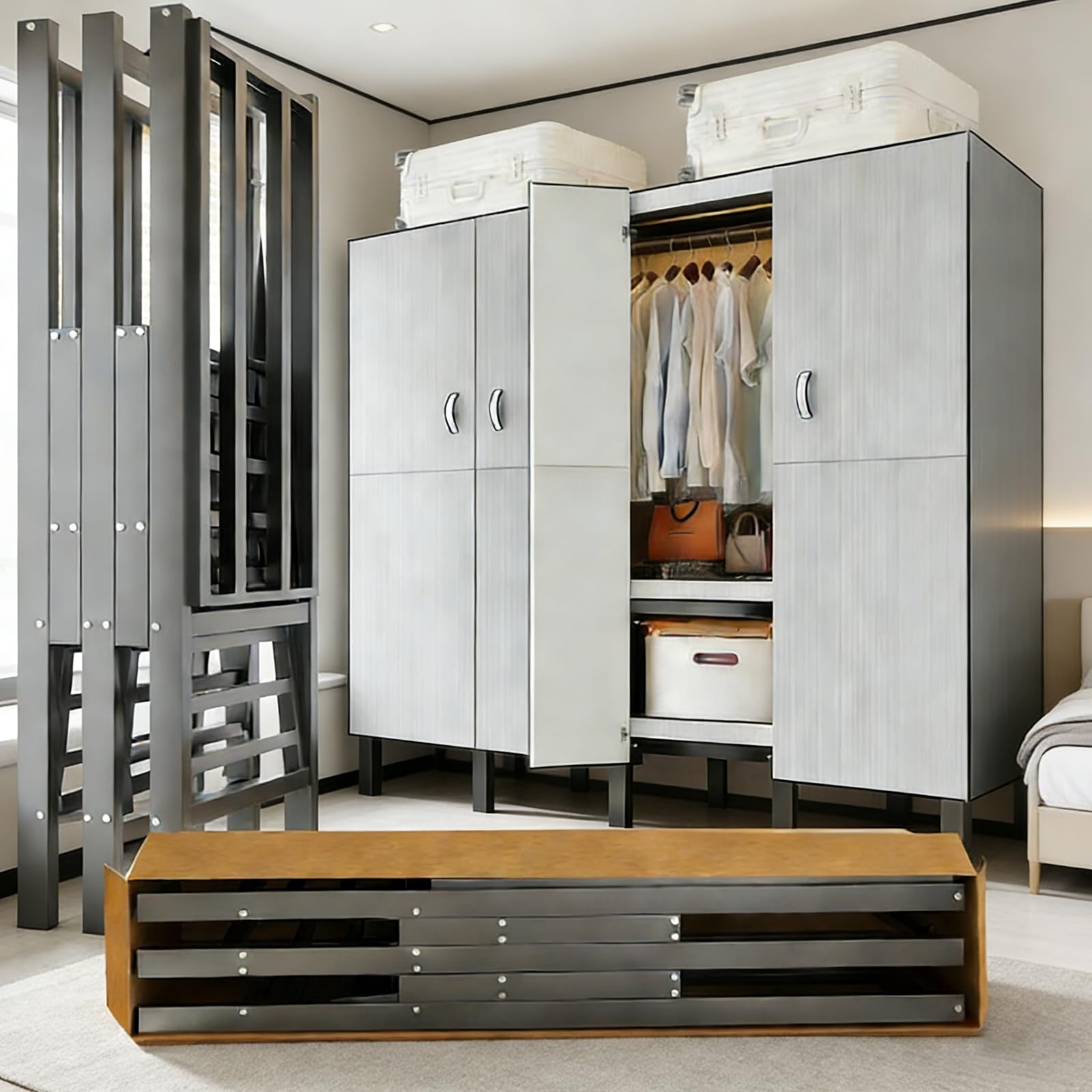 Armario Plegables Portátil, Armarios de Tela con Ruedas y 2 Barras de Colgar, Armario de Tela Almacenamiento Multifuncional de Gran Capacidad, Carga de 907 kg, para Dormitorio (D, gray door, 100cm)