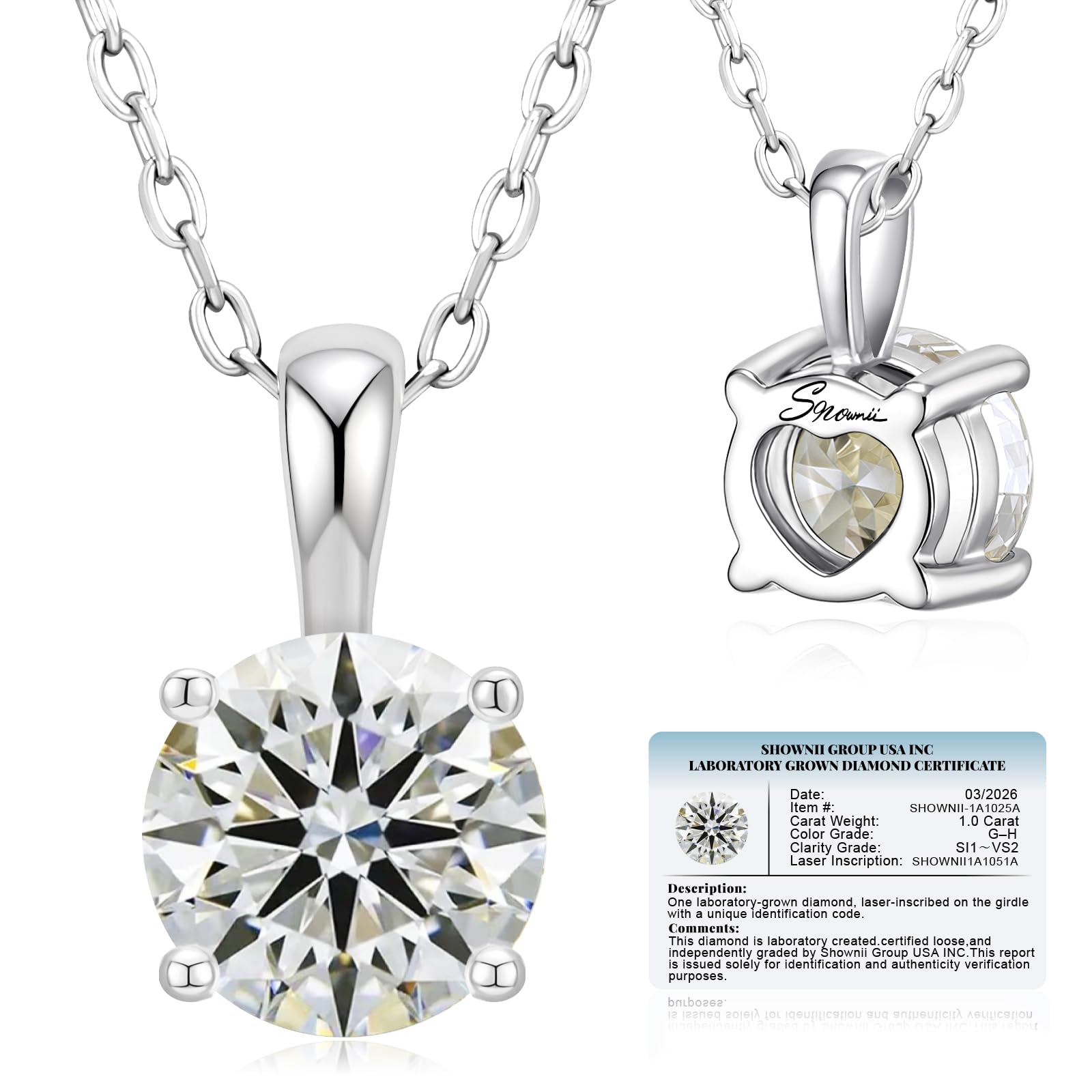 shownii 1CT LAB GROWN Diamond Solitaire Pendant Necklace for Women