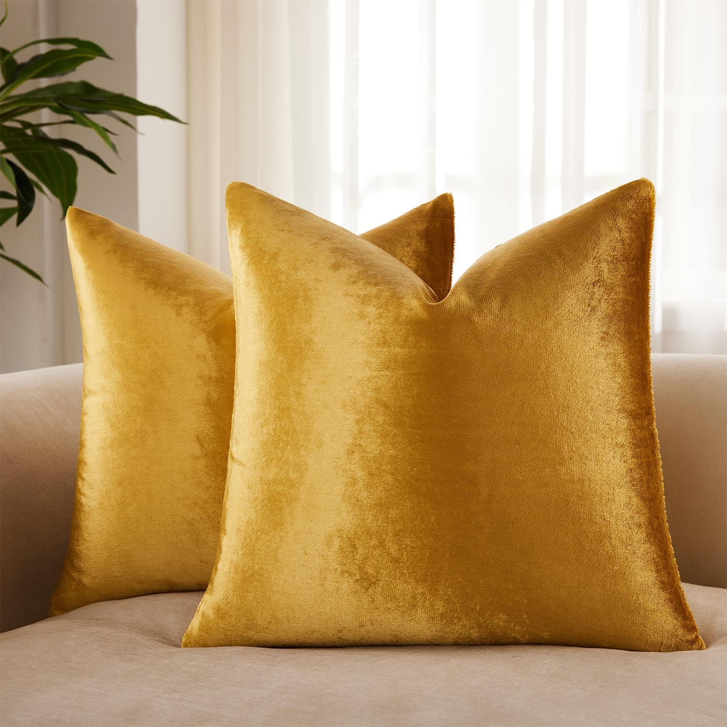 JUSPURBET Decorative Velvet Throw Pillow Covers 18x18 Set of 2,Golden