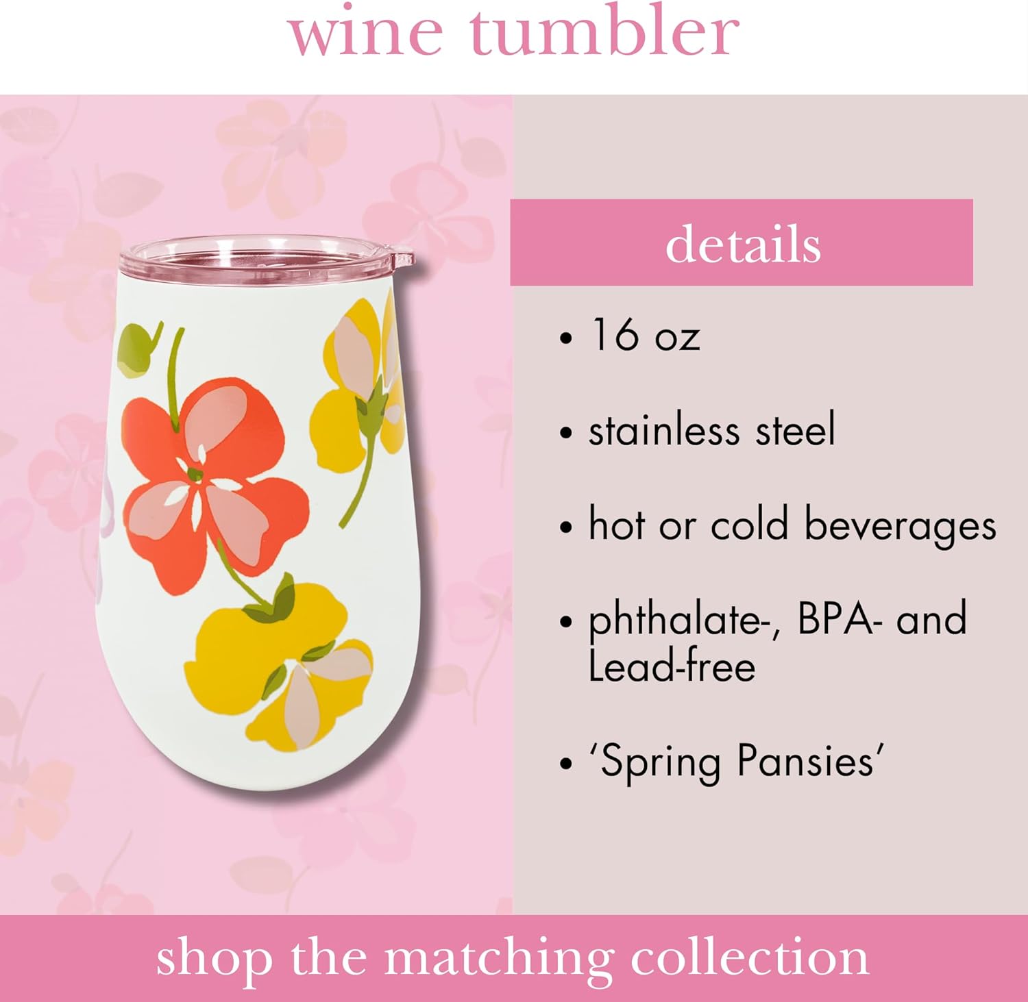 kate spade new york Insulated Stainless Steel Wine Tumbler, 16 Ounce Double Wall Tumbler, Floral Stemless Travel Cup with Lid, Spring Pansies - Image 3