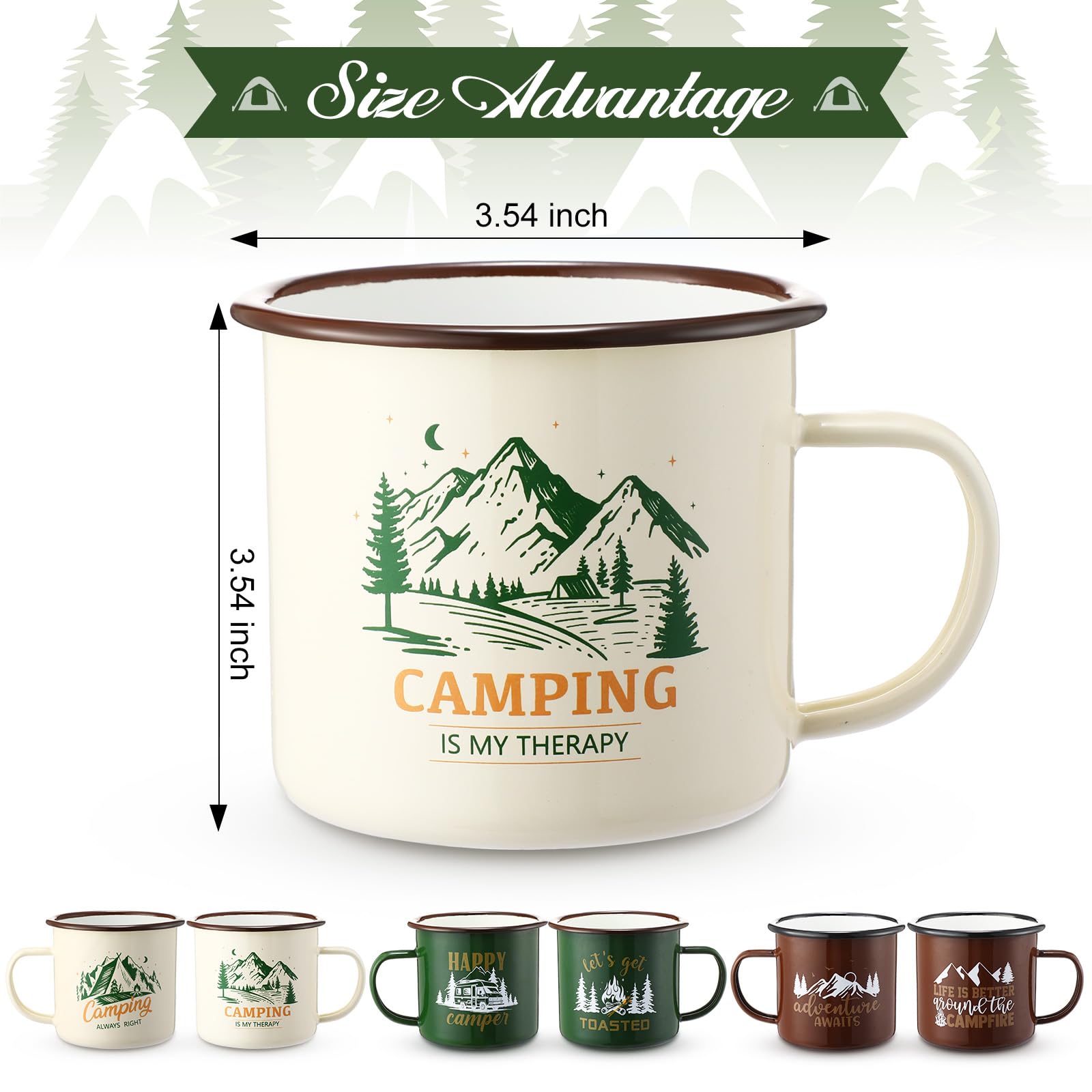 Maxcheck Emaille-Camping-Tassen, Kaffeebecher, Geschenk, 425 ml, Motiv: Happy Camper, Lagerfeuer, Teetassen, 3 Stile, Reise-Camping-Tassen, 6 Stück, für Trinken, Outdoor-Paare, Keramikbecher,