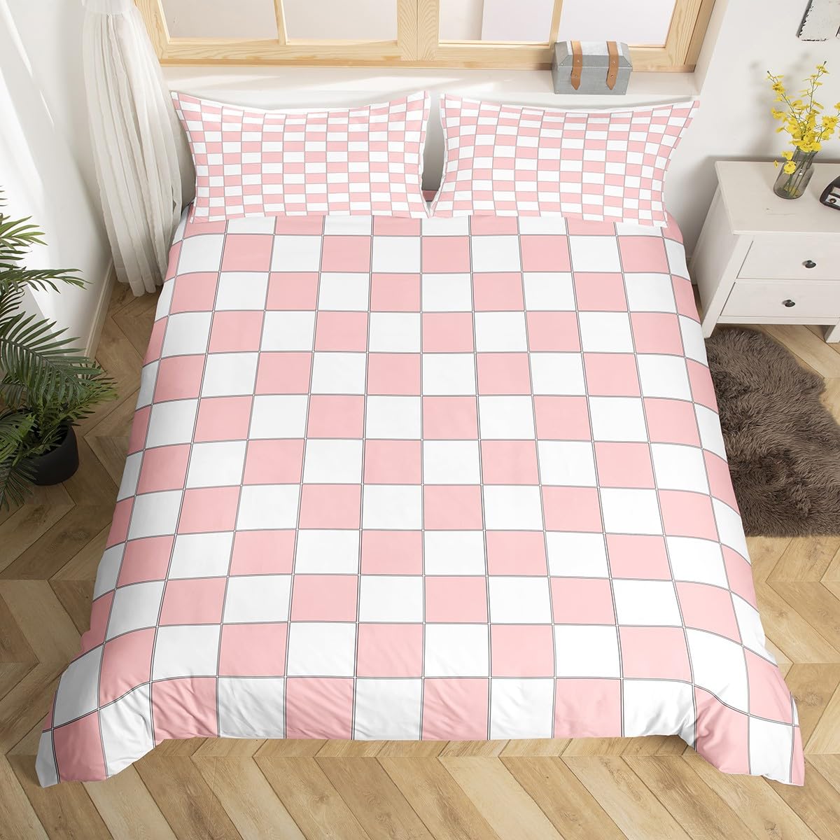 White Pink Plaid Comforter Cover Single Light Pink Checkerboard Bedding Set For Kids Girls Teen,Checkered Grid Duvet Cover Modern Aesthetic Geometric Bed Set Room Decor Zipper