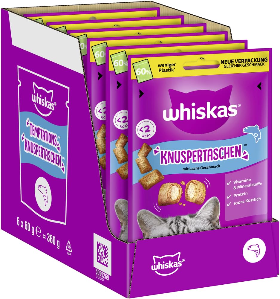 WHISKAS Knuspertaschen Katzensnacks mit Lachs 6 x 60g – Leckere Lachs-Snacks für Katzen