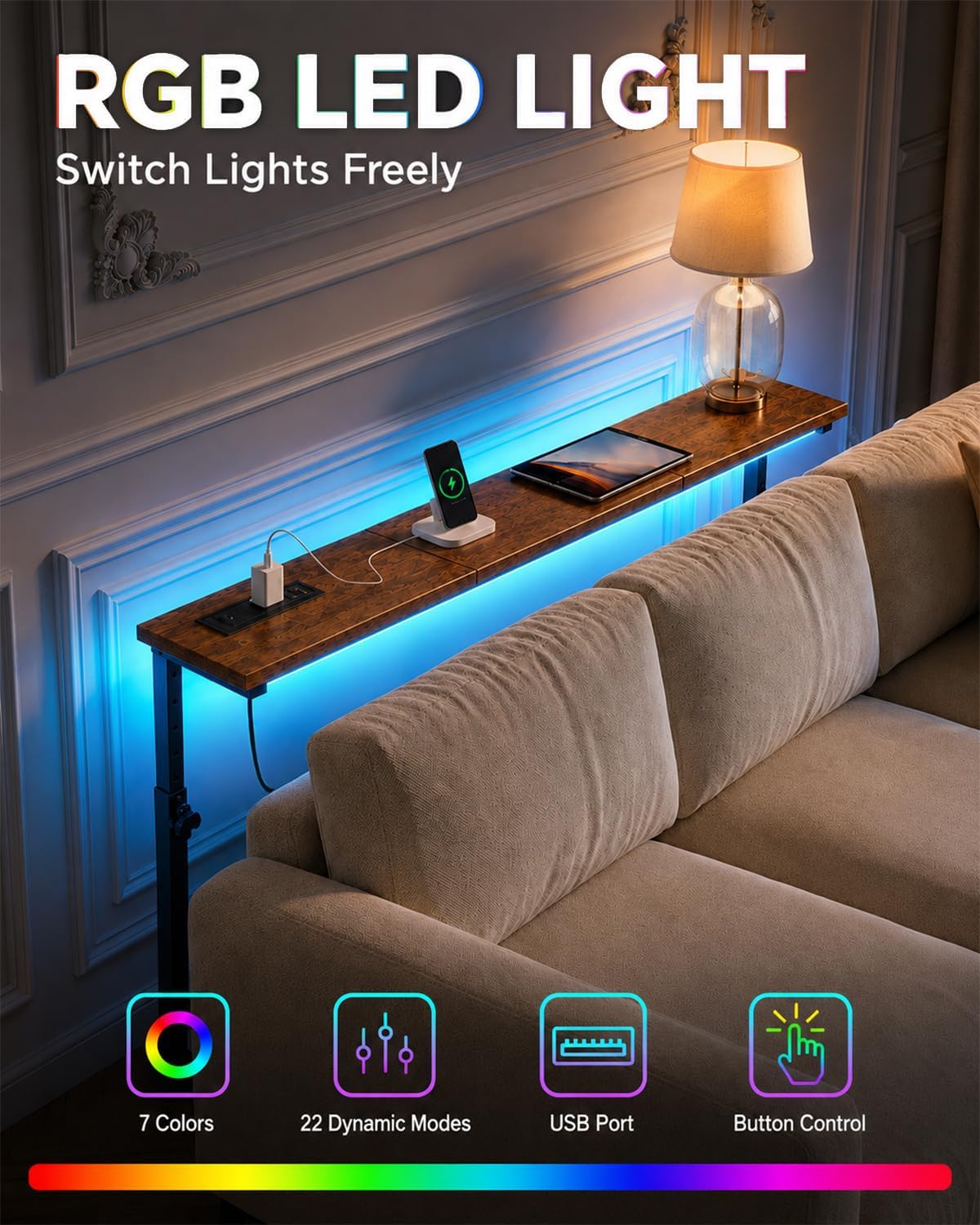 2 Pack Behind Couch Table with USB-C Charging Station, LED Light | Adjustable Height (23.6"-31.9"), 5.9"W x 78.8"L, Narrow console Table, Long Sofa Table, 2 Power Outlets, for Living Room