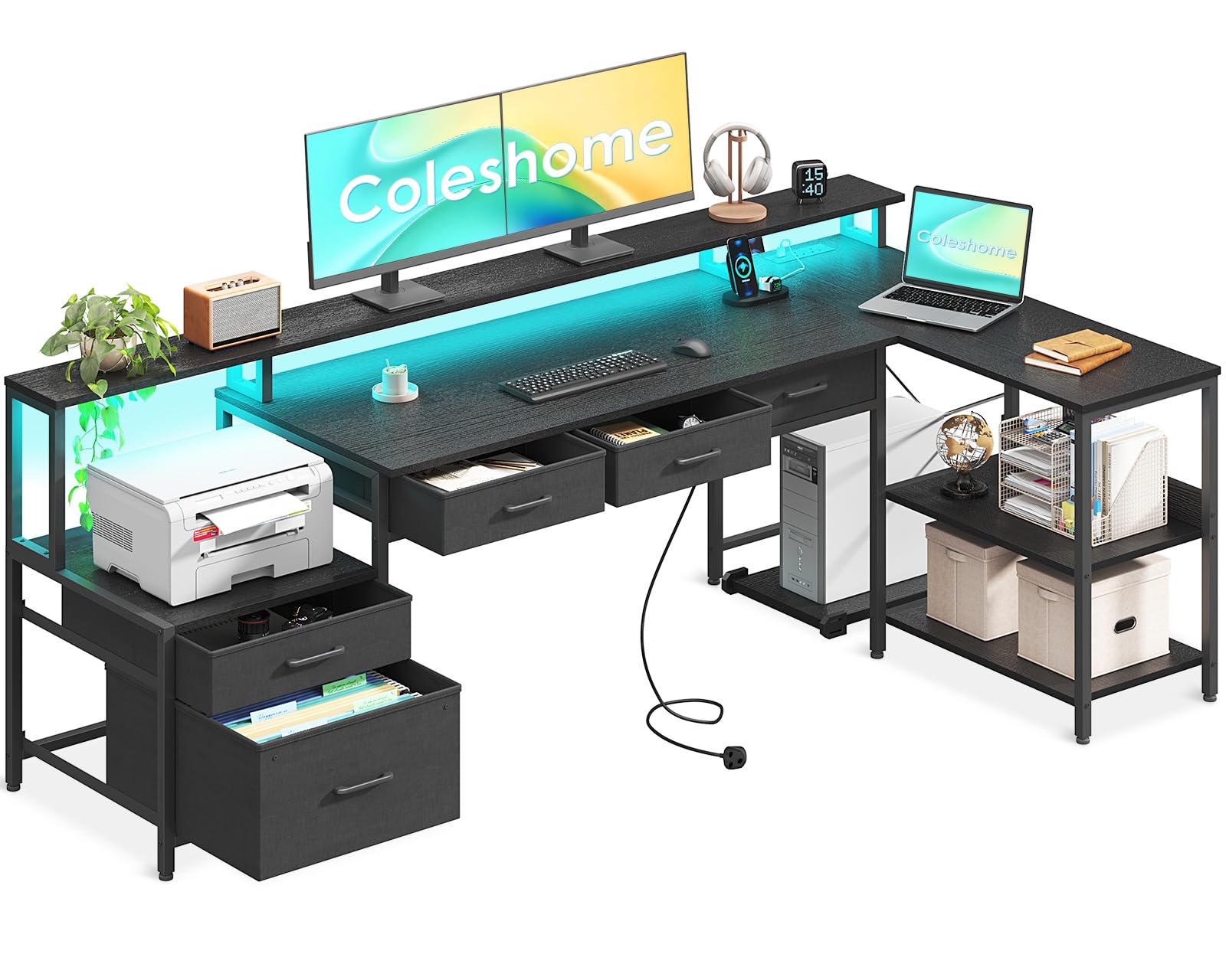 Coleshome 195x100 cm Corner Desk with Drawers, Reversible L Shaped Desk with LED lights & Power Outlet, Home Office Desks with Monitor Shelf, Large Computer Table with Storage Shelf, Black