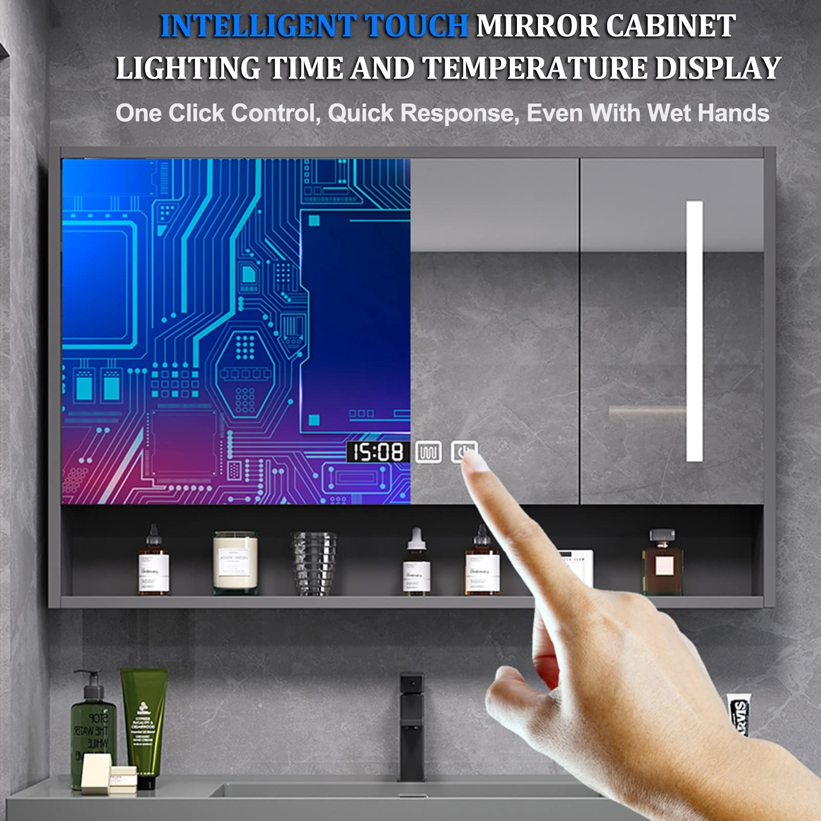 Armadio dello Specchio del Bagno, Armadietto della Medicina dello Specchio del LED con Defogger, Orologio, Esposizione della Temperatura della Stanza (Color : Bianca, S : 78x70cm)