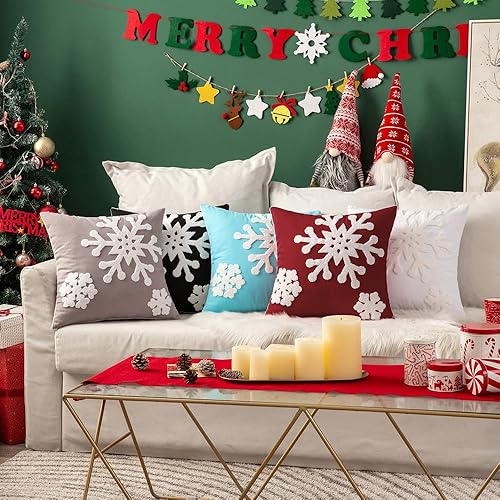 Miniatura 5 de MIULEE Paquete de 2 fundas de almohada decorativas de Navidad con diseño de copo de nieve, fundas de cojín de lona bordadas, decoración de