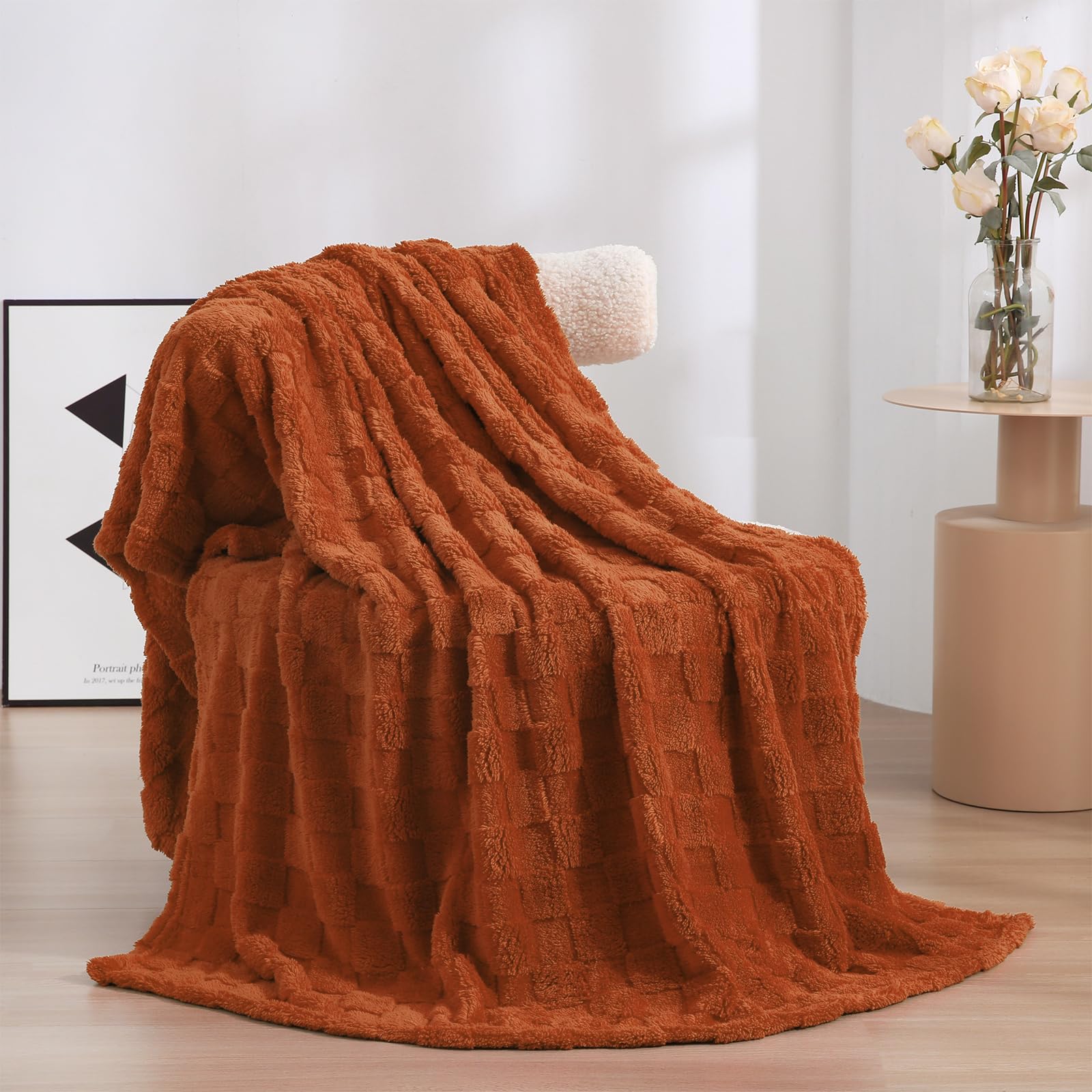Linecooo Burnt Orange Fleece Throw Blanket 50”×60” for Couch Sofa Bed,Super Soft Cozy Plush Microfiber Flannel Blanket with 3D Checkered Design Lightweight for Adults,Woman,Girls — image 1