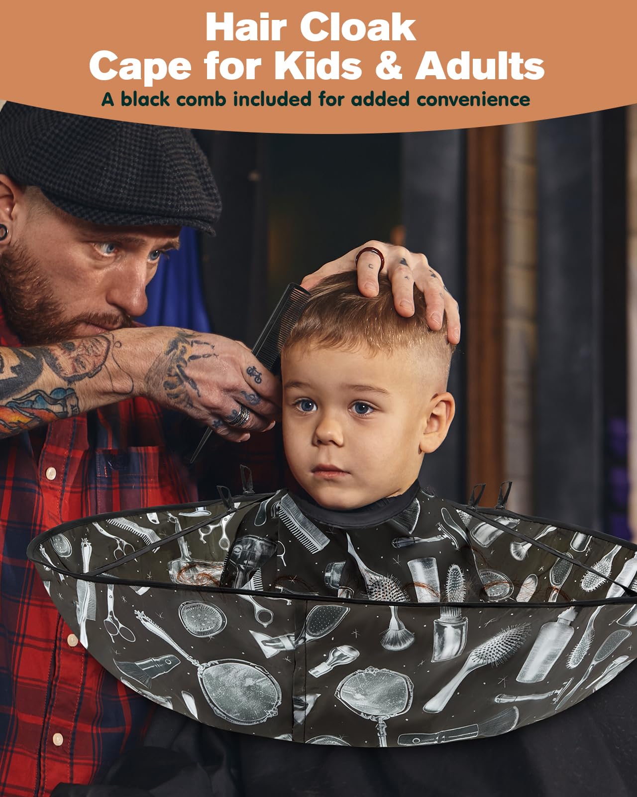 Capa de pelo ajustable, capa de pelo ajustable, capa de peluquería impermeable, capa de peluquería plegable con peine negro, para adultos y niños, salón de belleza y uso doméstico, Negro - 4