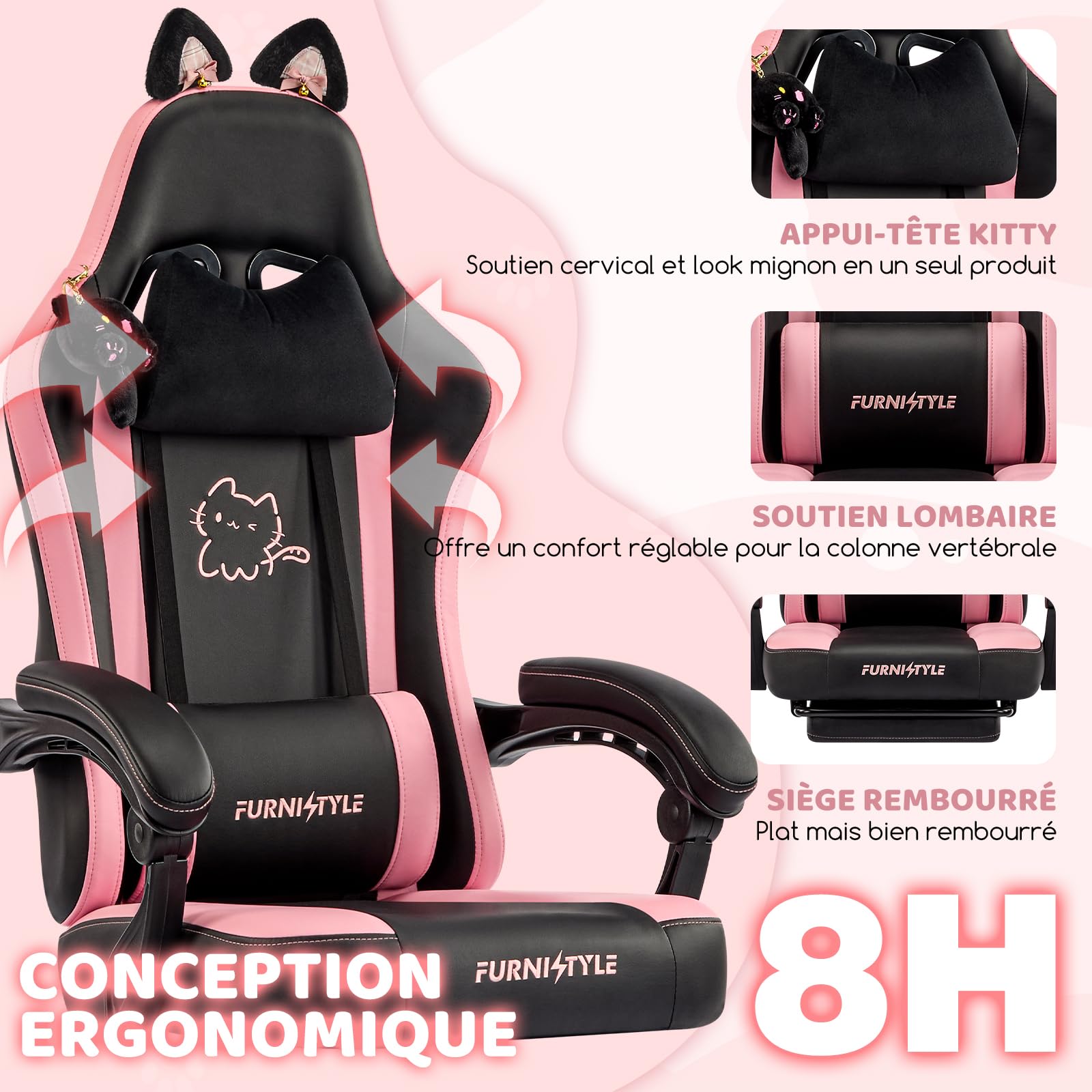 Hellove Chaise Gaming Ergonomique, Fauteuil Gamer avec Repose-Pieds Rétractable, Coussin Lombaire et Oreilles de Chat, pour Filles, Adolescents, Enfants, Cuir PU, Noir et Rose