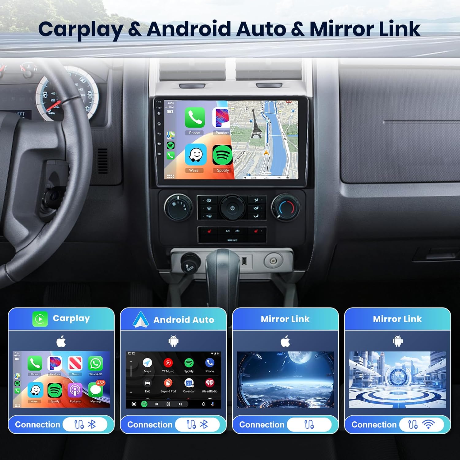 Car radio display showing CarPlay, Android Auto, and Mirror Link interfaces.