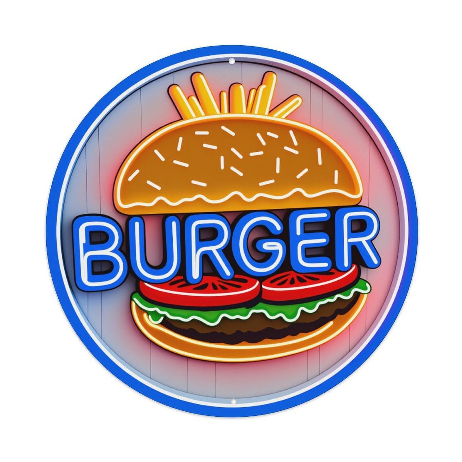 Burger Neon Sign Design Pattern Round Tin Sign Vintage Metal Poster Retro Bar, Home, Man Cave, Kitchen, Laundry Room Wall Art Decor Gift 8x8Inch