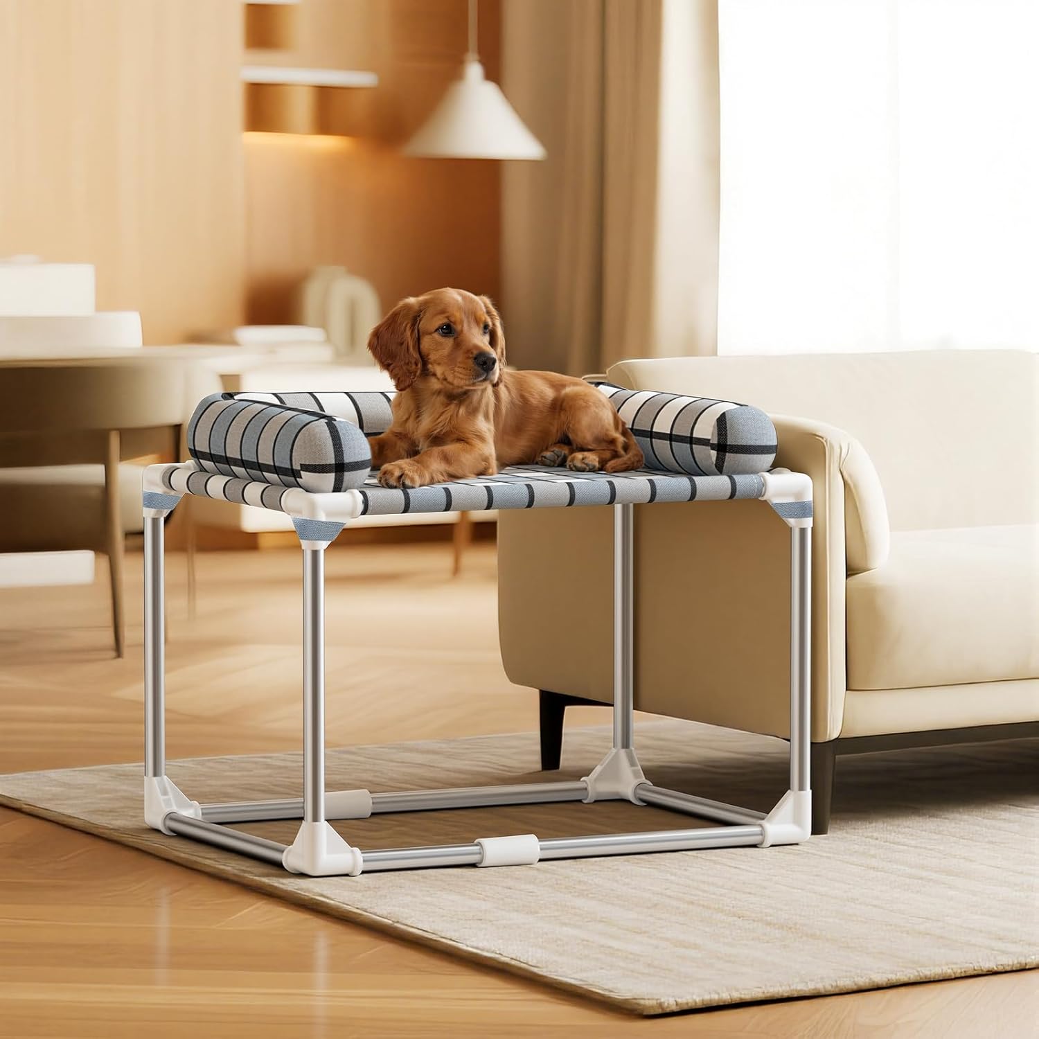 Bedside Cosleeper Dog Cat Bed - Height Elevated Dog Bed with Bloster Extension Attached to Human Bed Dog Cat Window Perch Bedside Lounge Elevated Dog Bed with Pillow (26 x 20 x 20 Inch)