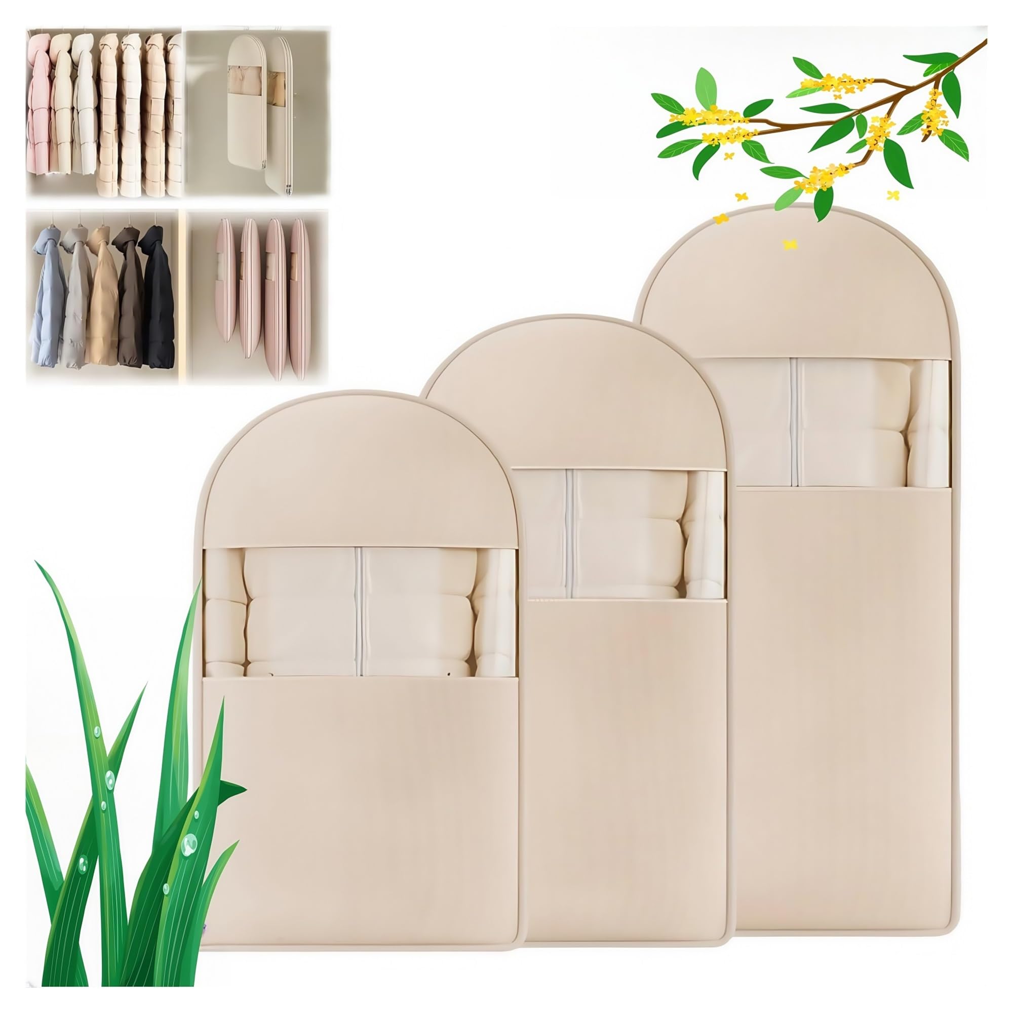 Space-saving hanging zippered garment bag, self-compressing zippered garment cover to prevent wrinkles on garments(Beige,L)