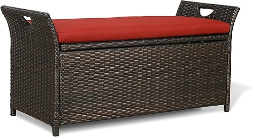 PATIO TREE Banco de almacenamiento al aire libre de 40 galones Caja de cubierta de mimbre con marco de acero para patio, contenedor de