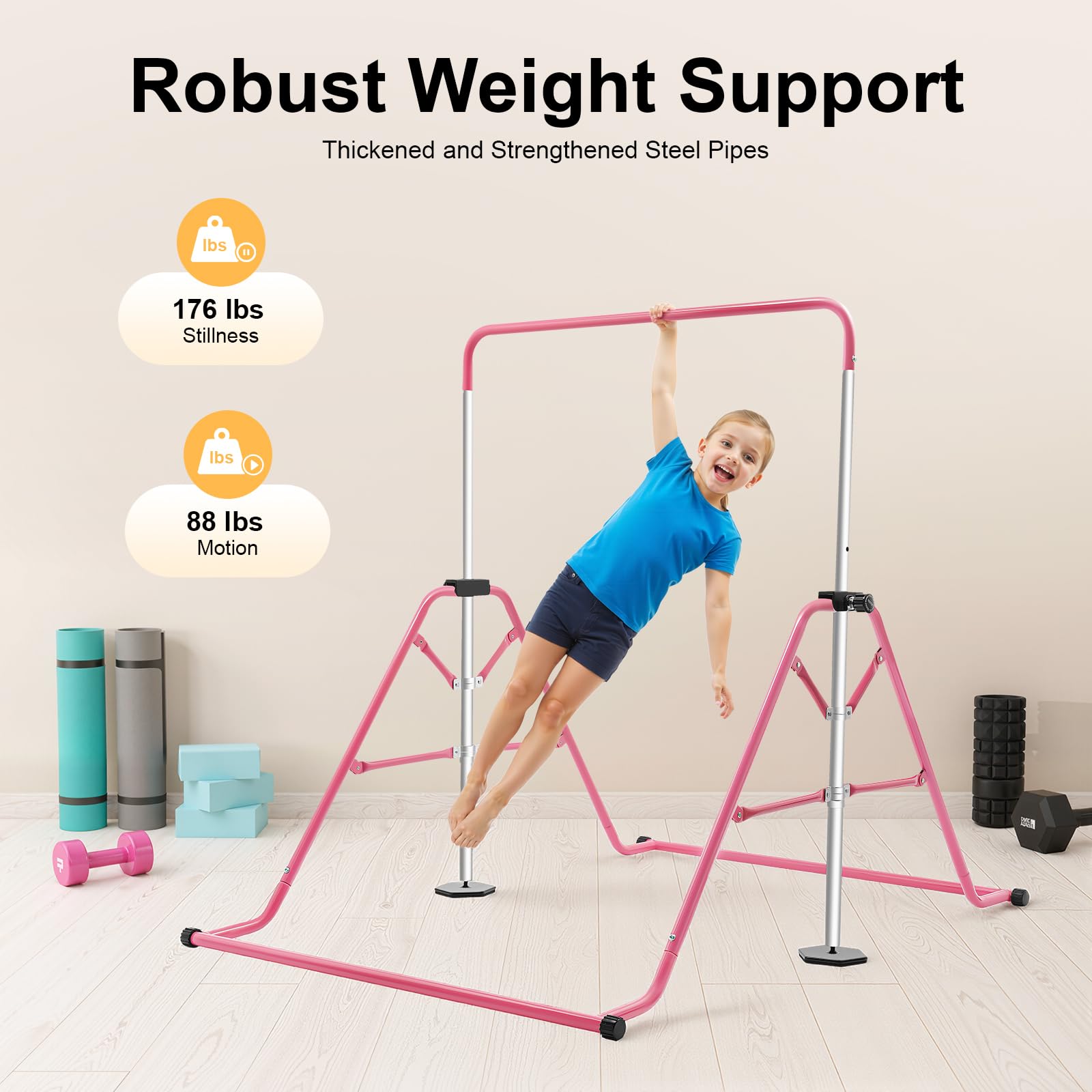 Barre de gymnastique pliable - Charge maximale : 80 kg - Barre horizontale - 115 à 155 cm - Hauteur réglable - Pour les personnes pesant moins de 100 kg - Rose